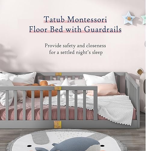 Miniatura 3 de Tatub Cama Montessori de suelo individual con rieles altos, marco de cama Montessori de madera maciza para niños, la entrada se puede instalar a