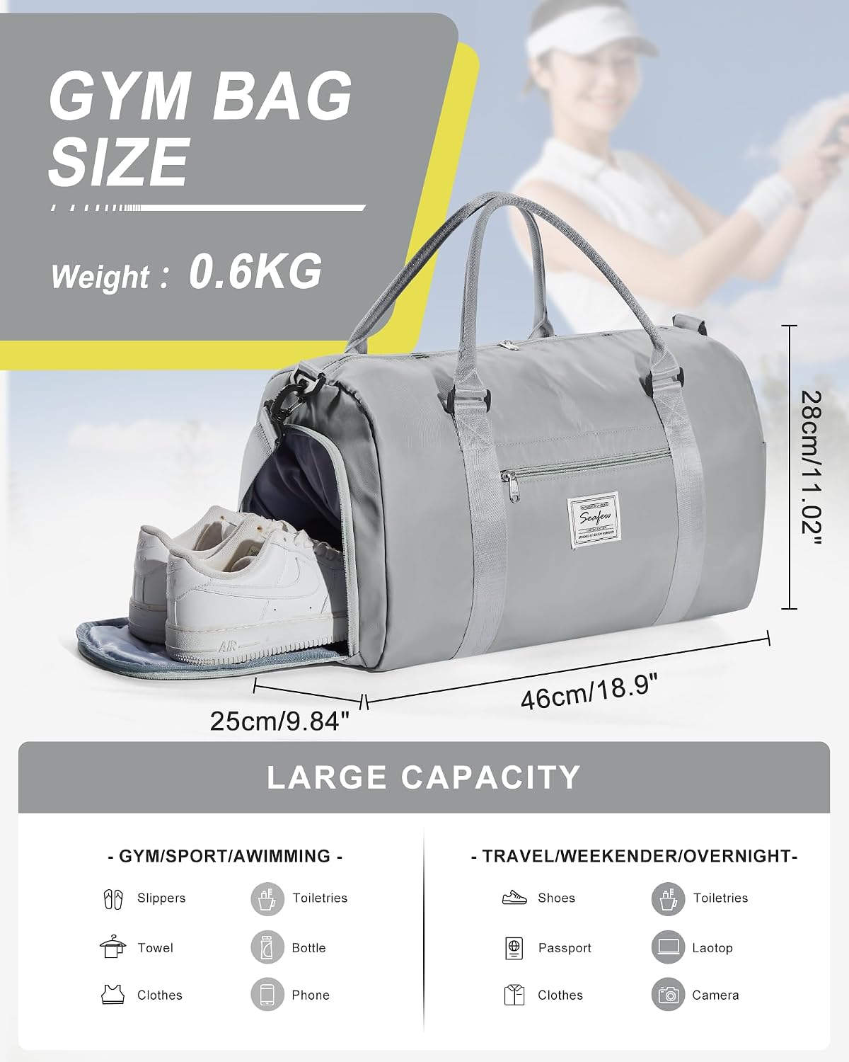 Gym Bag Womens Mens with Shoes Compartment and Wet PocketTravel Duffel Bag for Women for Plane, port Gym Tote Bags Swimming Yoga Small Waterproof Weekend Overnight Carry on Bag Hospital Holdalls image 3