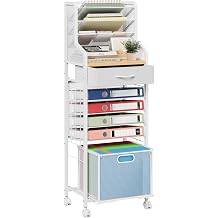 SWTYMIKI 10-Tier Rolling File Cart - Mesh Paper Organizer with Drawer and Hanging File Folders on Lockable Wheels, Rolling File Cabinet for Office Organization, Storage in Home, Studio, School, White