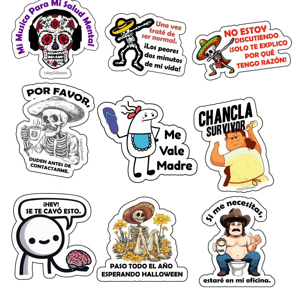 Pegatinas divertidas en español para personalizar tus portátiles, cascos y botellas