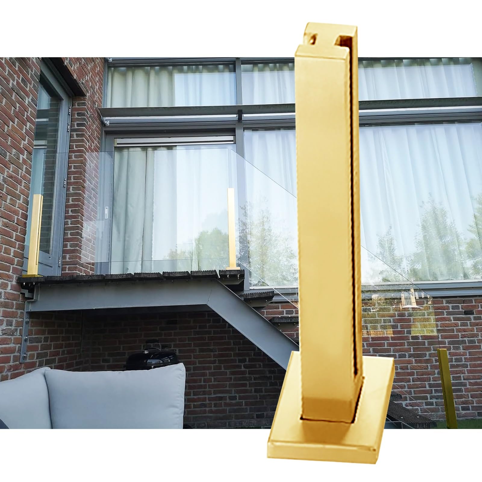 Palo per ringhiera in vetro dorato per esterni, balaustra quadrata, sistema di protezione, colonne di recinzione in vetro resistenti per scale e corridoi, elegante palo con estremità dorata - 85