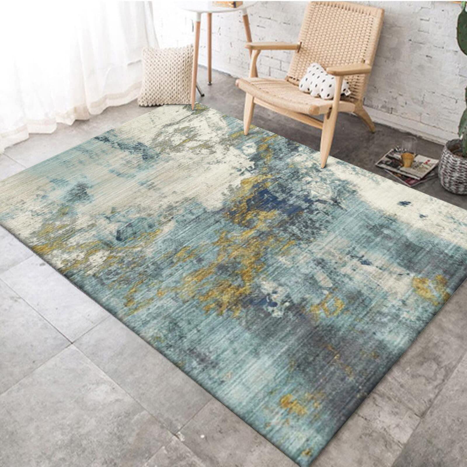 Tapis de petite zone avec motif encre abstraite bleu et jaune contemporain 80x120