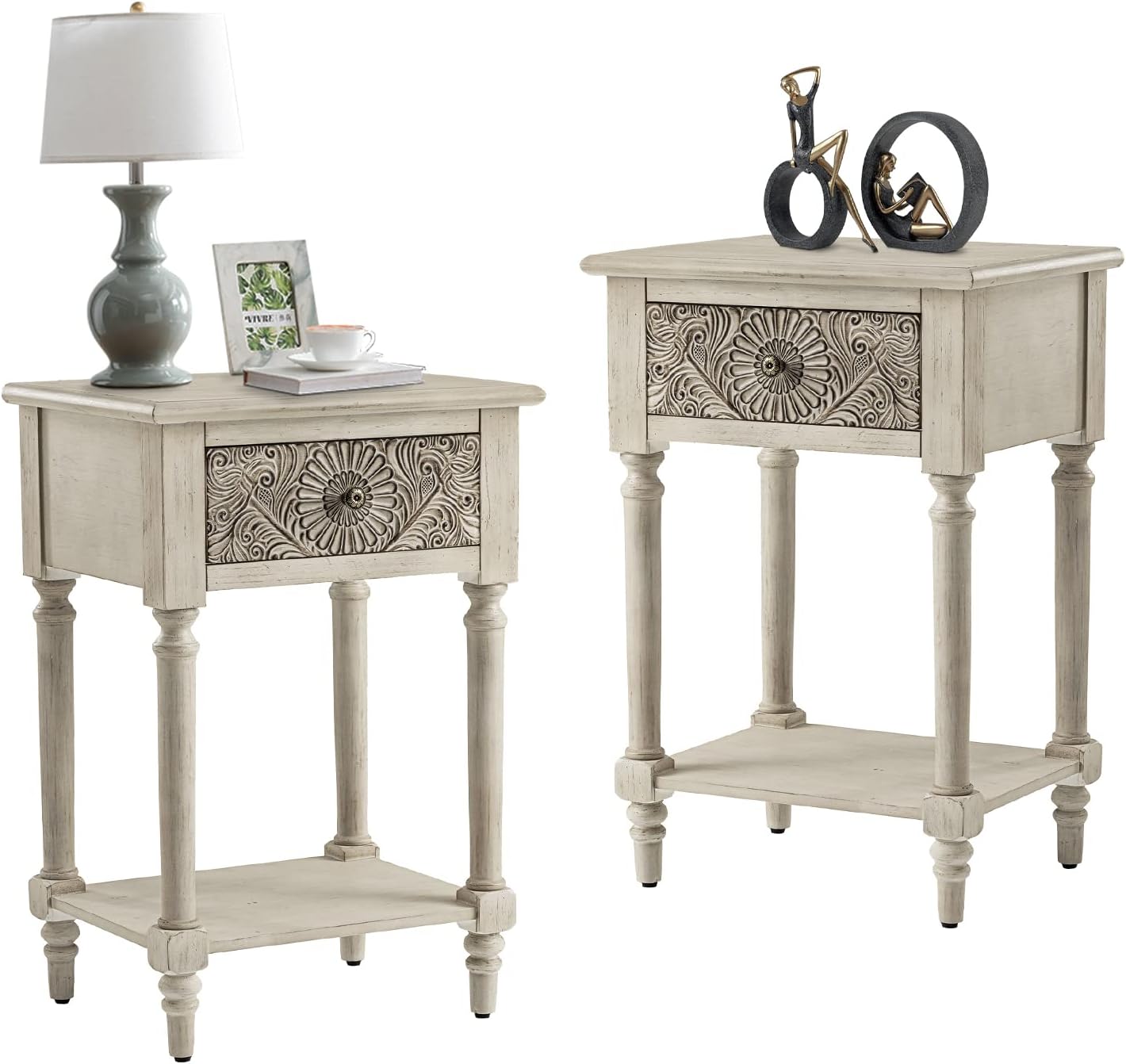 COSIEST 2 Pieces Vintage Nightstand, MDF 2-Tier Bedside Table, Wood Accent End Table with Storage Drawer and Open Display Shelf for Bedroom Living Room