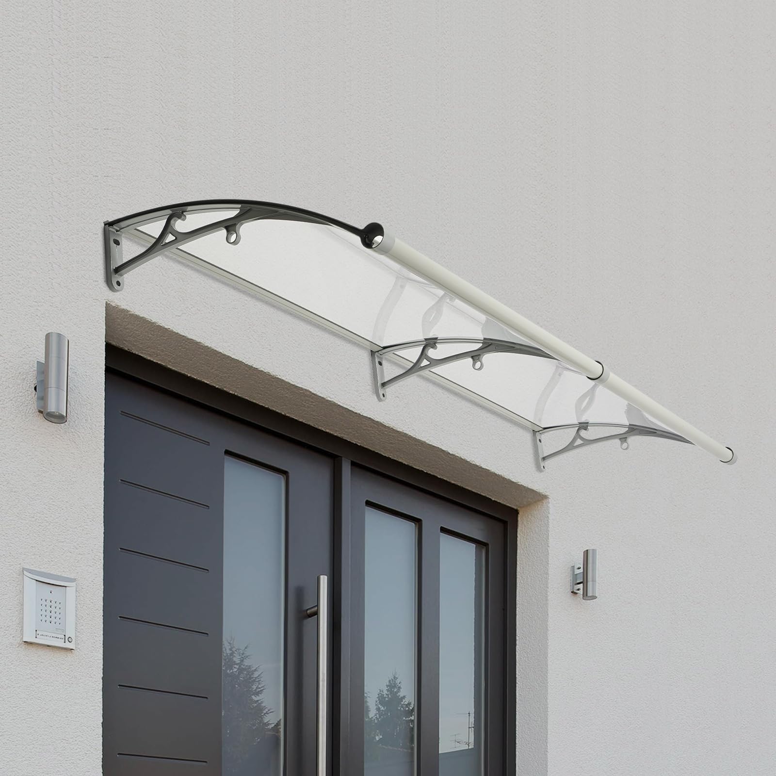 Marquesina para Puerta de casa, 200 x 60 cm, con Marco Plateado + Placa Transparente, toldo de Aluminio para Puerta de Entrada, toldo para Exterior, protección Solar y Lluvia