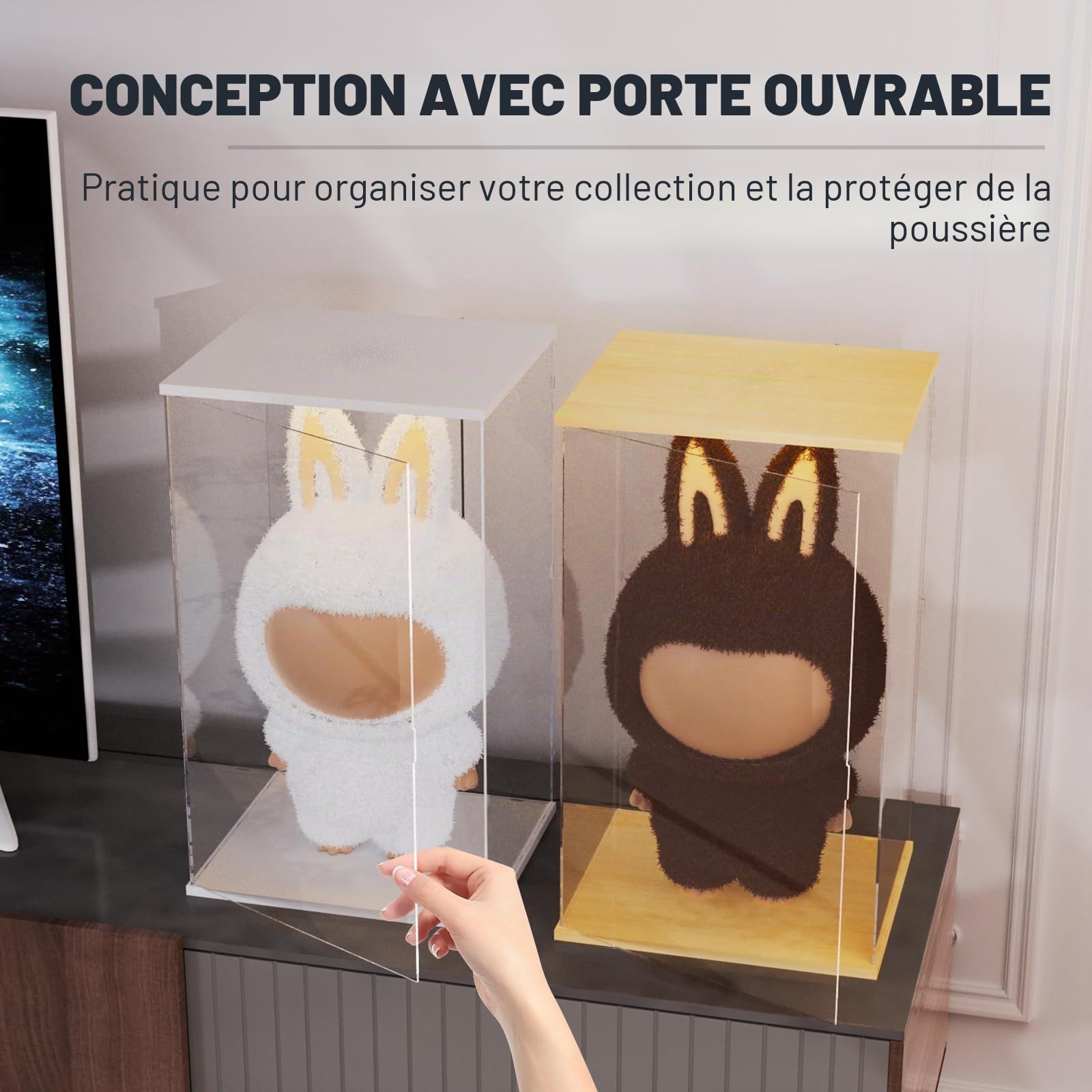 Vitrine Acrylique avec Lumière pour Labubu Zimomo I Found You & Angel in Clouds, Anti-Poussière Boite Plexiglass Vitrine pour Collection Lego 43263 76437 21335, 35 x 30 x 60 cm, Blanc