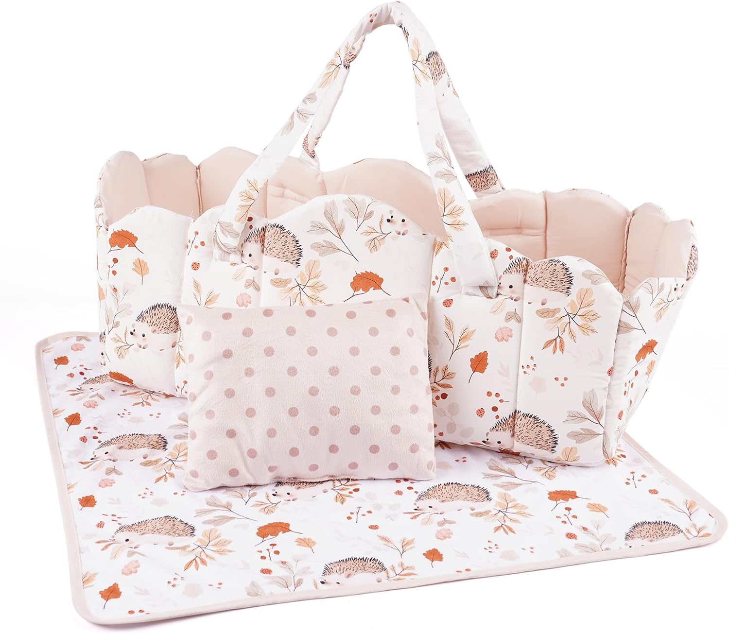 BABESIDE 3 Pcs Baby Doll Bassinet with Doll Bedding Set for 17-22 Inch Babydolls, Cute Animal Print Baby Dolls Crib with Blanket for Reborn Baby Doll Accessories, Off-White