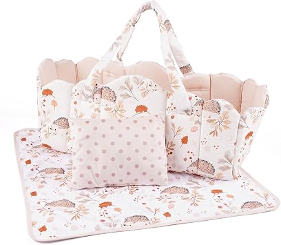 BABESIDE 3 Pcs Baby Doll Bassinet with Doll Bedding Set for 17-22 Inch Babydolls, Cute Animal Print Baby Dolls Crib with Blanket for Reborn Baby Doll Accessories, Off-White
