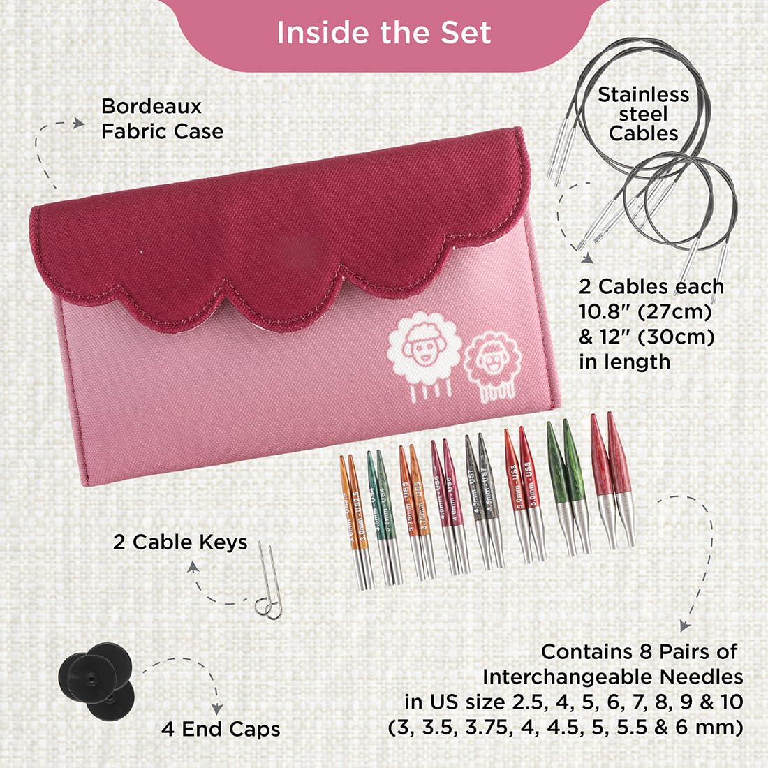 KNITPRO Dreamz - Juego de agujas circulares intercambiables de 5 cm, 8 tamaños (3 mm a 6 mm)