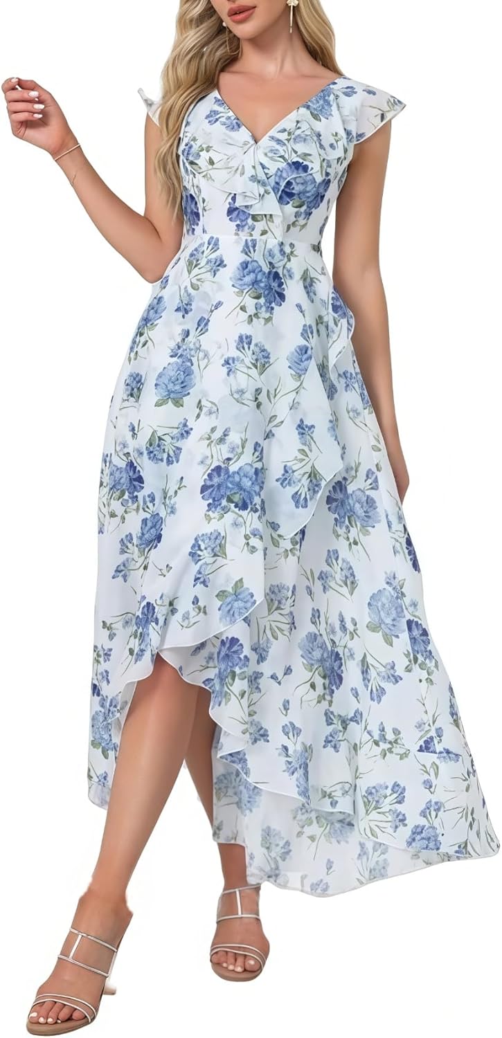 Womens V Neck Floral Print Ruffle Maxi Party Dress A-Line Summer High Low Flowy Wedding Guest Cocktail Dress - Image 5