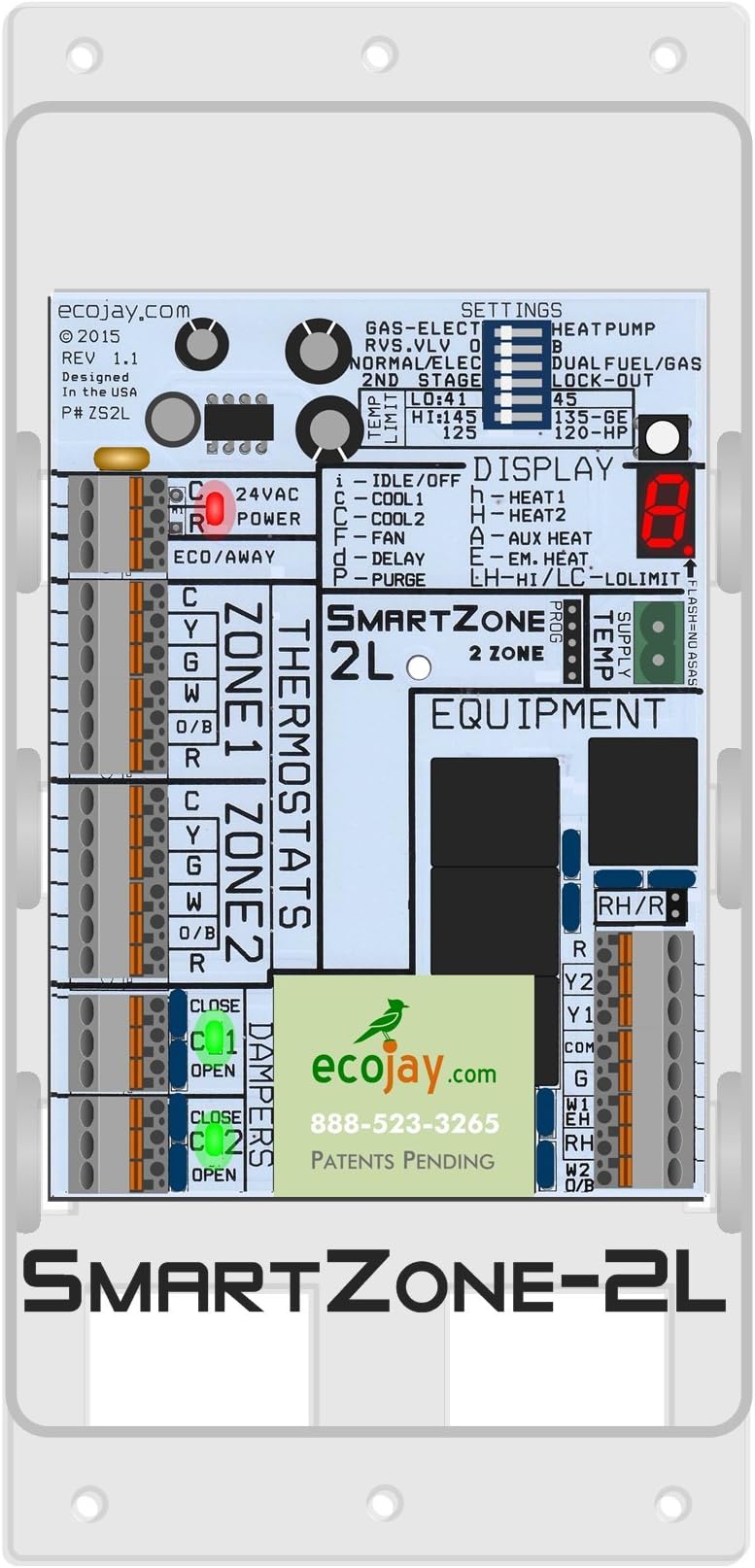 ECOJAY SmartZone SmartZone-2L: 2 Zone Controller KIT w/ Temperature Sensor - Replace Honewell, EWC, ZoneFirst HVAC Zone Control Panels
