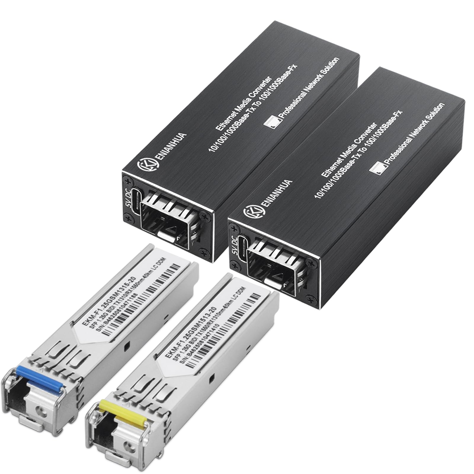 Une paire de convertisseurs de médias Gigabit à fibre optique monomode LC avec 2 modules SFP BiDi pré-appariés 1,25 G, 1310 nm TX/1550 nm RX, 10/100/1000Base-T RJ45 vers 1000Base-BX LC, SMF