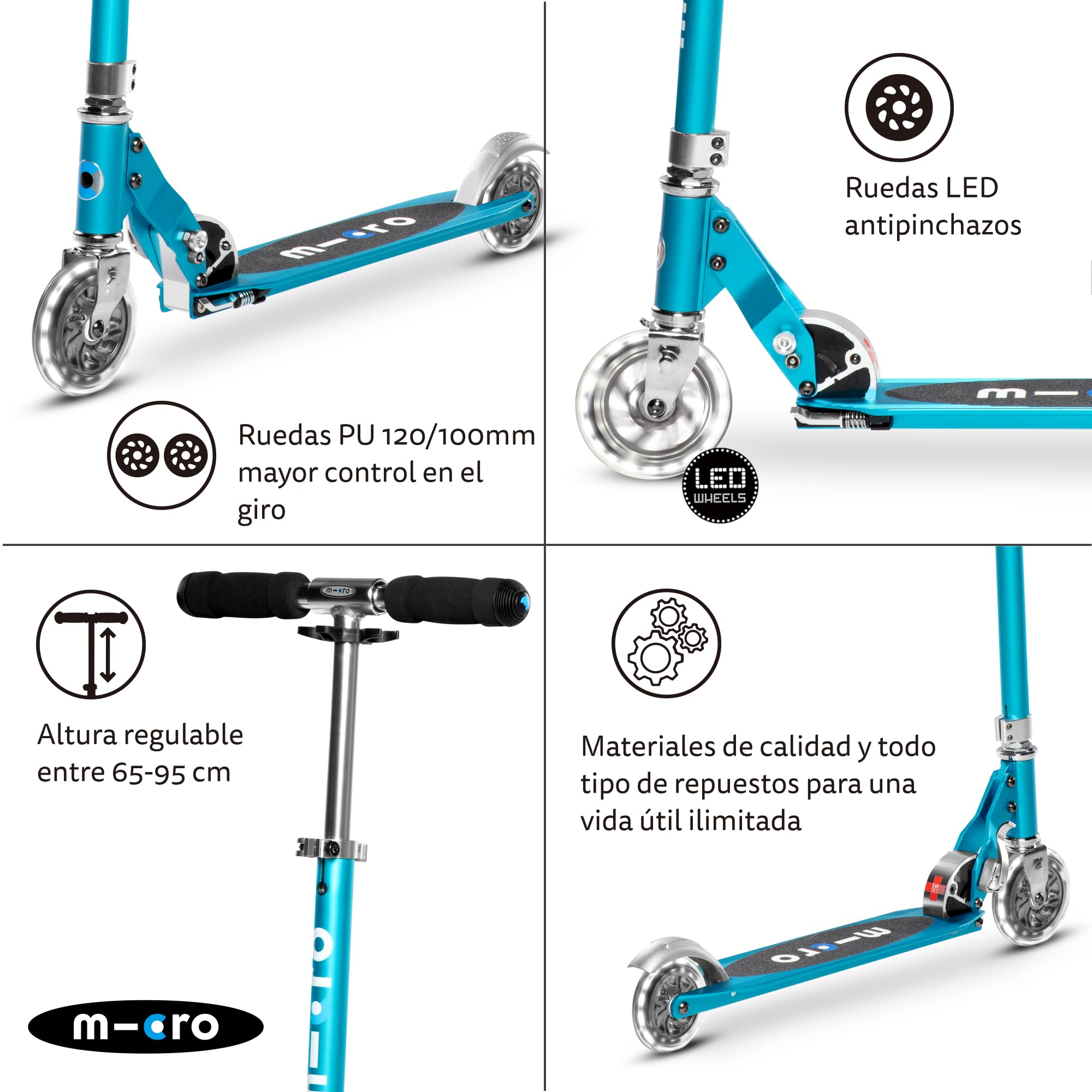 Micro® | Micro Sprite LED Scooter 2 Ruedas Niños | Patinete y Puños Plegables | Ruedas con iluminación LED | Ligero y Regulable en Altura | +5 Años | Niños y Niñas