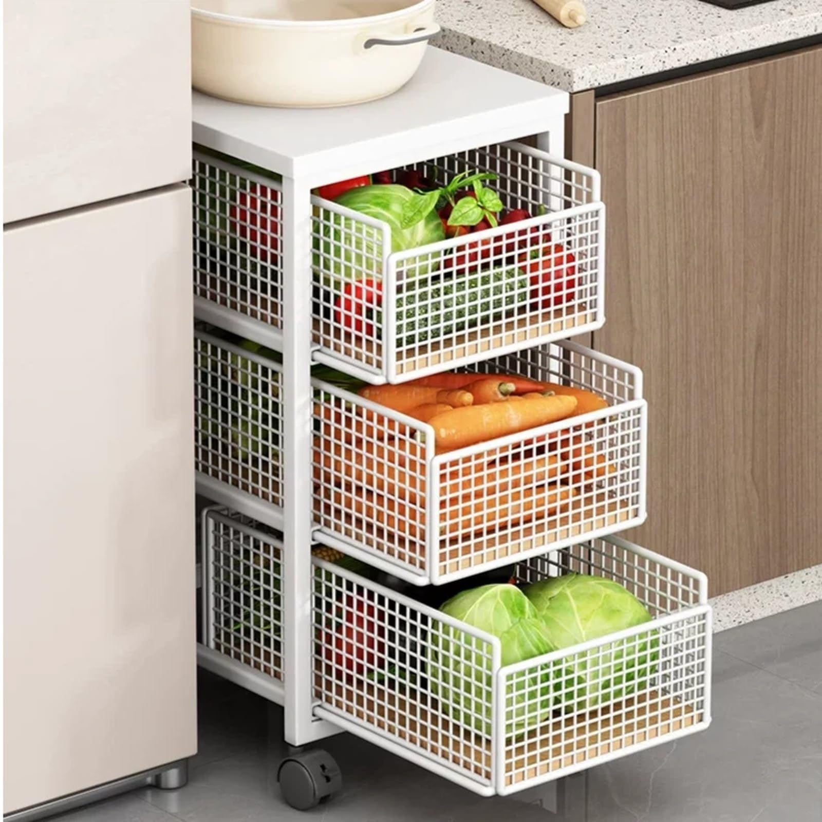 Carrello da cucina Carrello da cucina a 3 livelli con ripiano estraibile for cestini for frutta e verdura(Bianco)