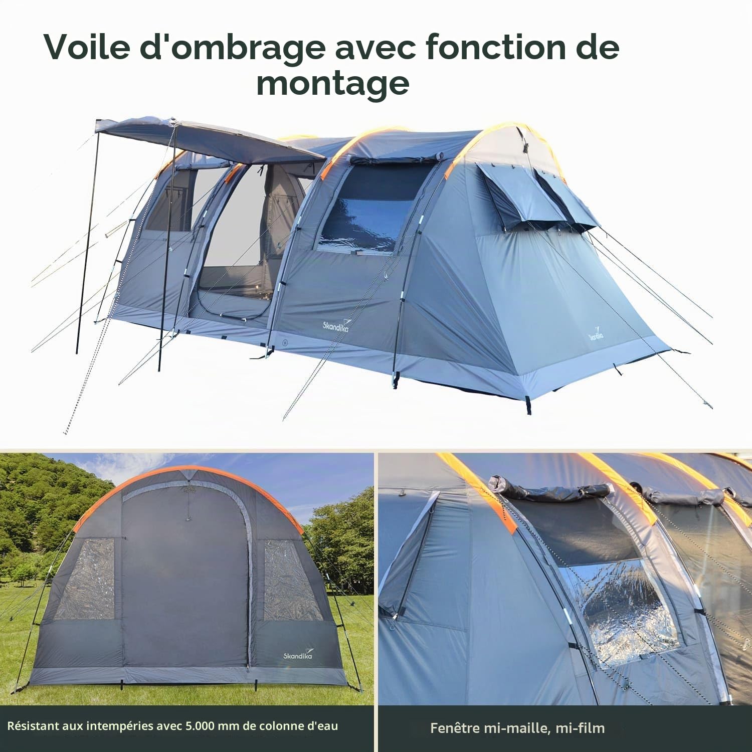 Skandika Tente Tunnel Gotland pour 4 Personnes | Tente familiale avec Tapis de Sol Cousu, étanche, Colonne d'eau de 5000 mm, Hauteur 2 m, Cabine de Couchage Noire, moustiquaire | Tente de Camping