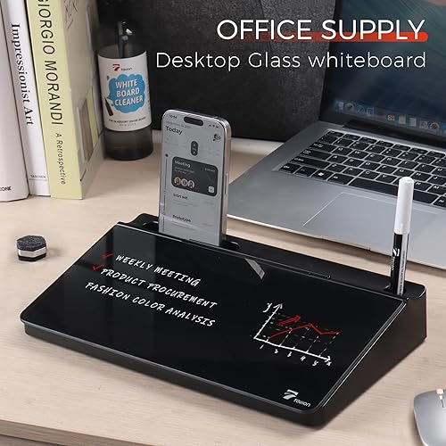 Miniatura 2 de TOWON Pizarra blanca pequeña de vidrio compacto con almacenamiento, pizarra de borrado en seco de 12 x 7 pulgadas para escritorio, oficina en casa,