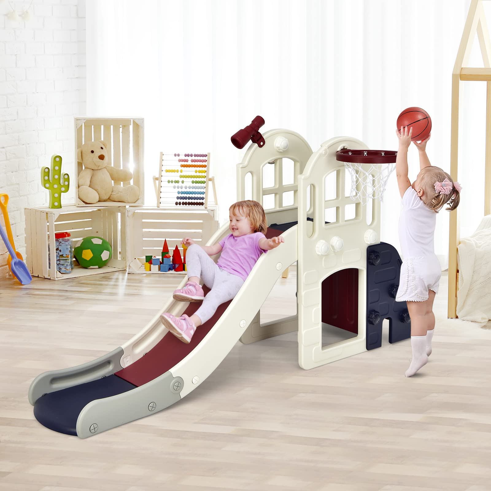 RELAX4LIFE 6 in 1 Scivolo per Bambini, Set Arrampicata Palestra con Canestro da Basket, Tunnel, Lancio dell'Anello, Telescopico, Scivolo per Esterni e Interni in HDPE per 3-8 Anni (Blu slittino)
