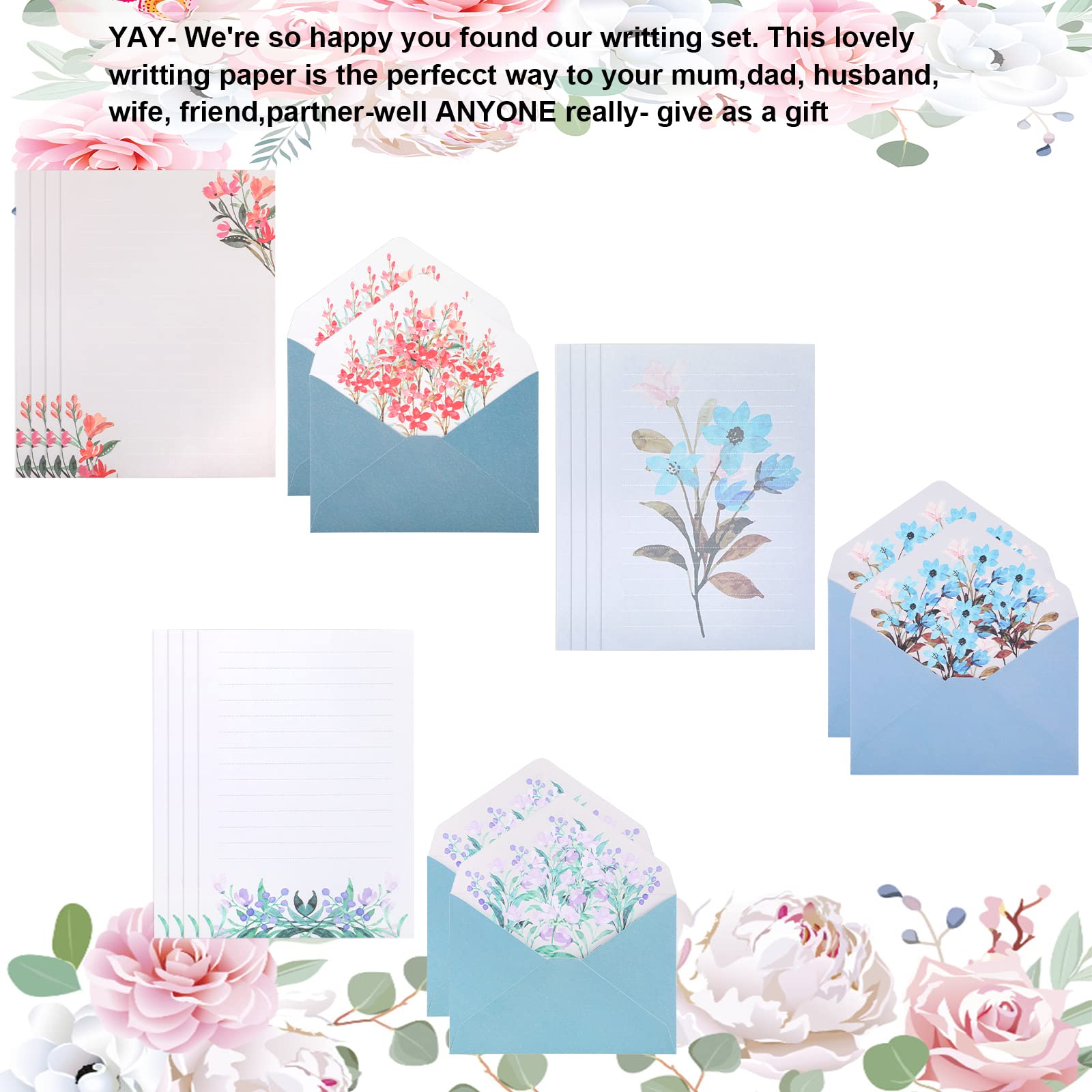 Writing Paper and Envelopes Set, 24 Pcs Stationery Papers with 12 PCS Envelops, Unique Flower Design Lined Letter Writing Set - Image 3