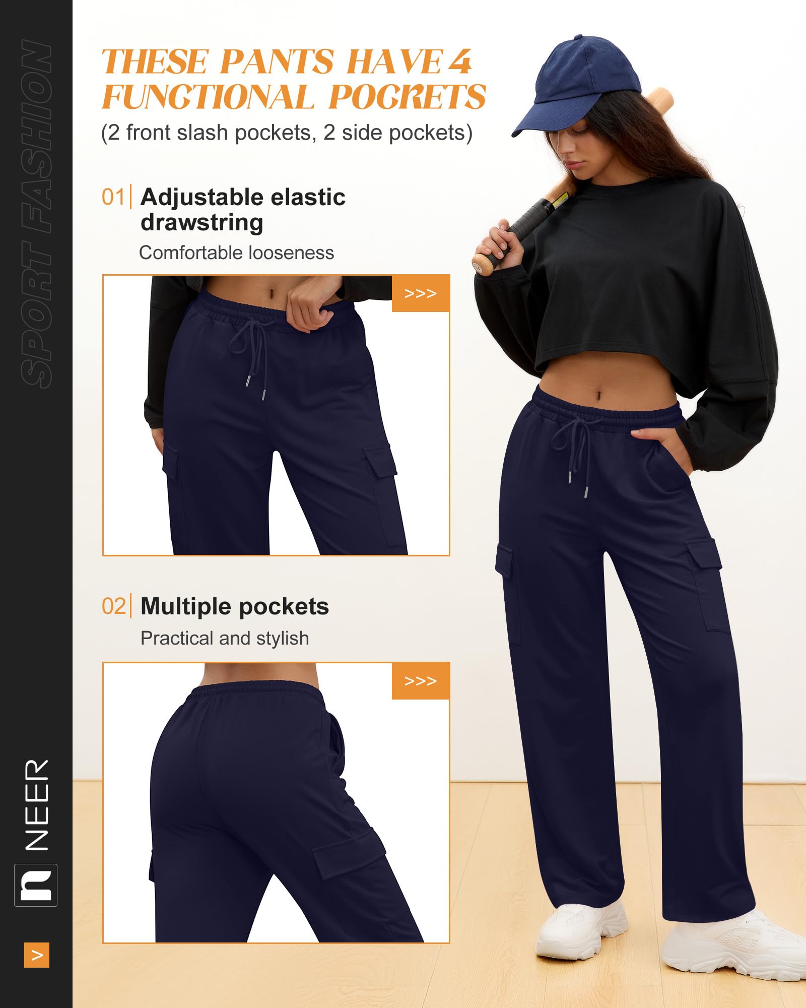 Neer 3er Pack Damen Cargohosen Weitbein Oversize Jogginghosen Elastischer Bund mit Kordelzug Freizeithosen mit 4 Taschen