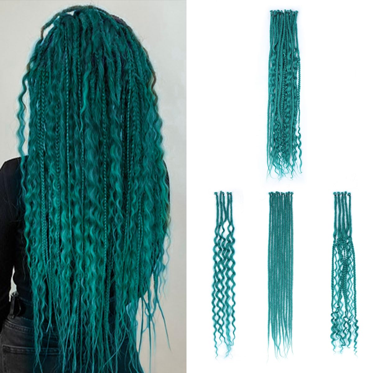 Sangtok 24in Single Ended 3 in 1 Dreadlock Extensions, 30pcs Ombre Teal Green Mixed Dreads Extensions Set SE Dreads with Curly Dreadlocks for White