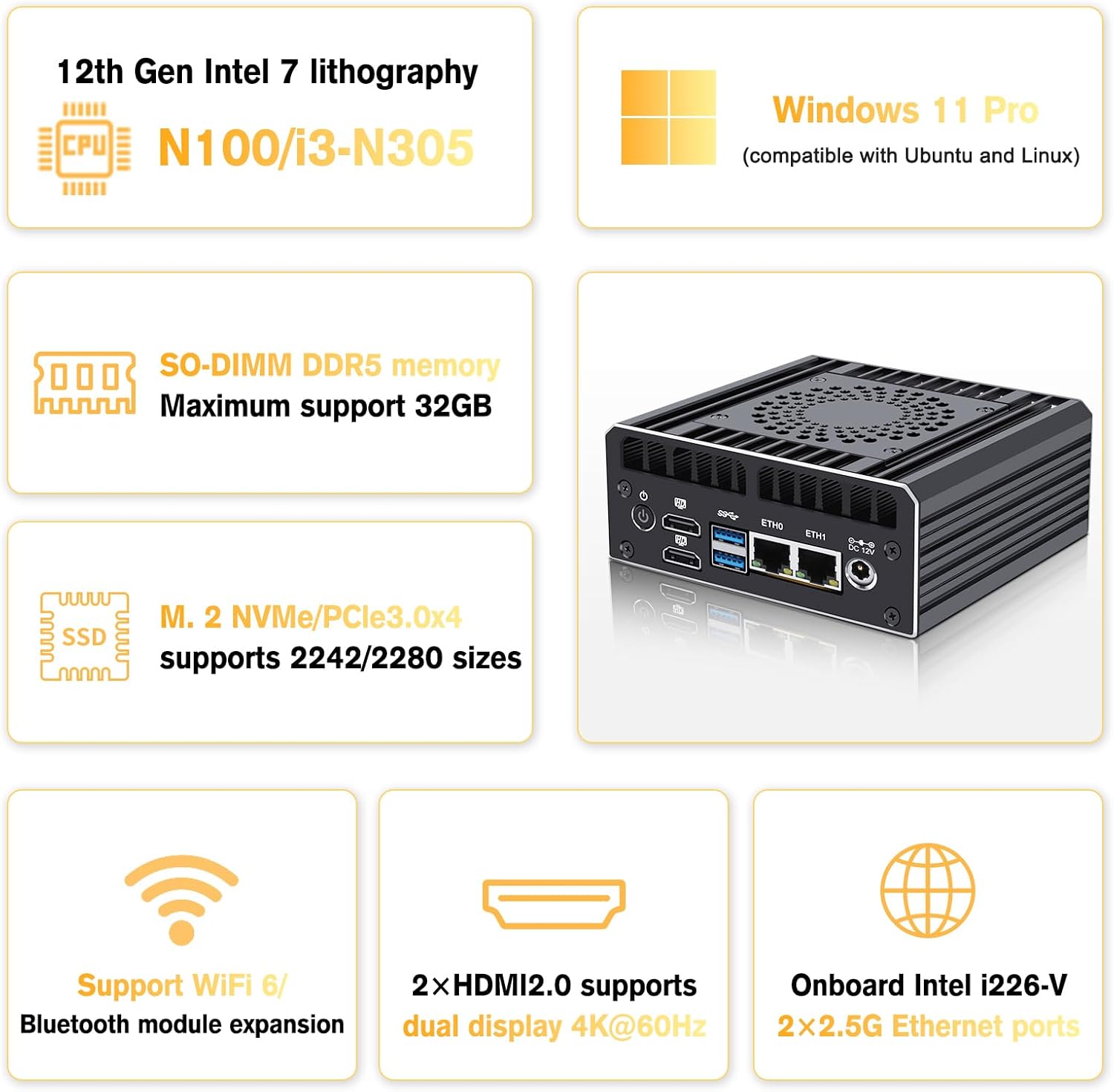 Firewall Appliance Mini PC 2.5Gbe, 12th Gen N100 Mini Computer Router with 2xI226-V 2.5G LAN, 32GB DDR5 Ram 512GB SSD, Support AES-NI Dual 4K Output - Image 4