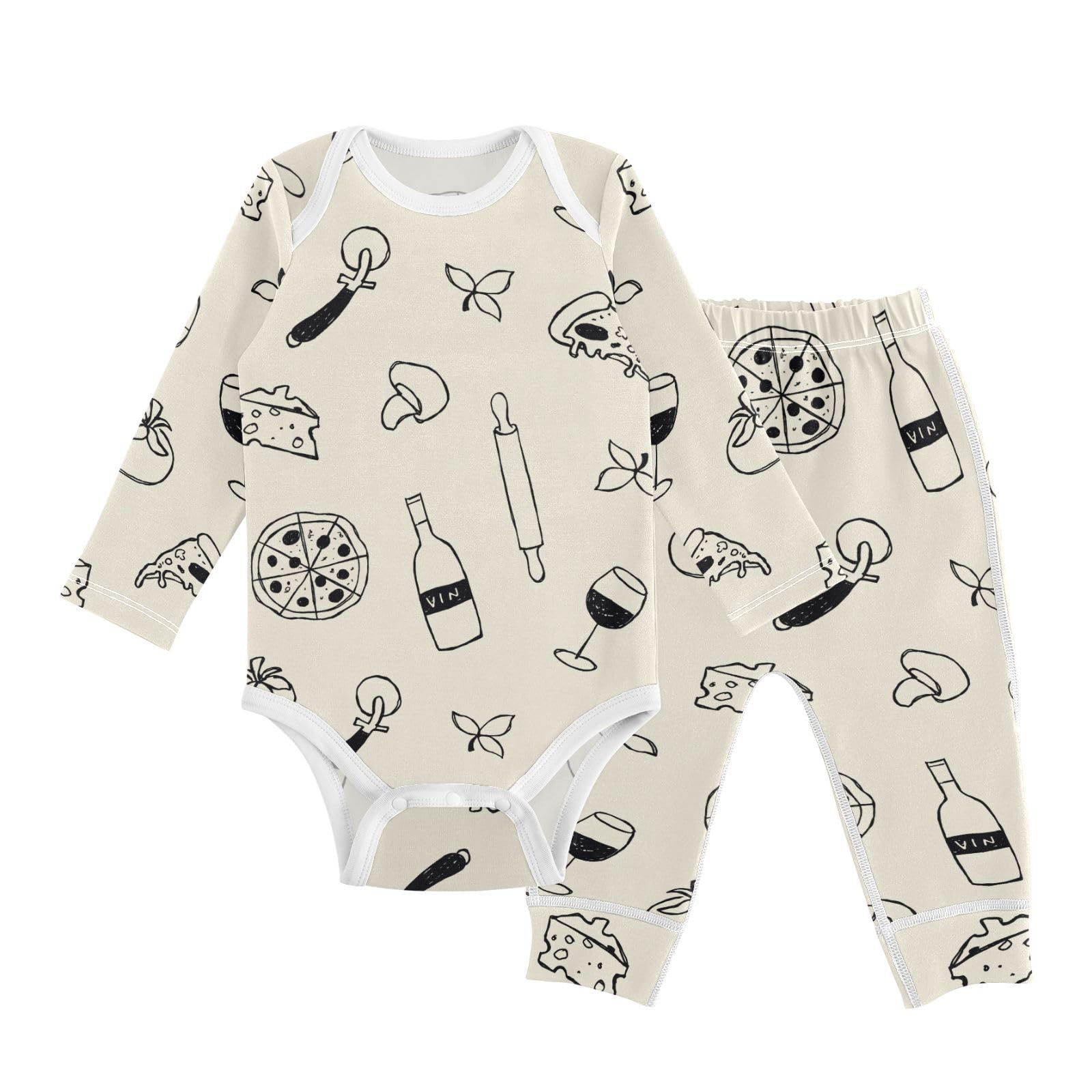 vvfelixl Baby Bodysuits Pants Sets Pizza Wine Long Sleeve Baby Onesie Clothes for Boys Girls 3-6M