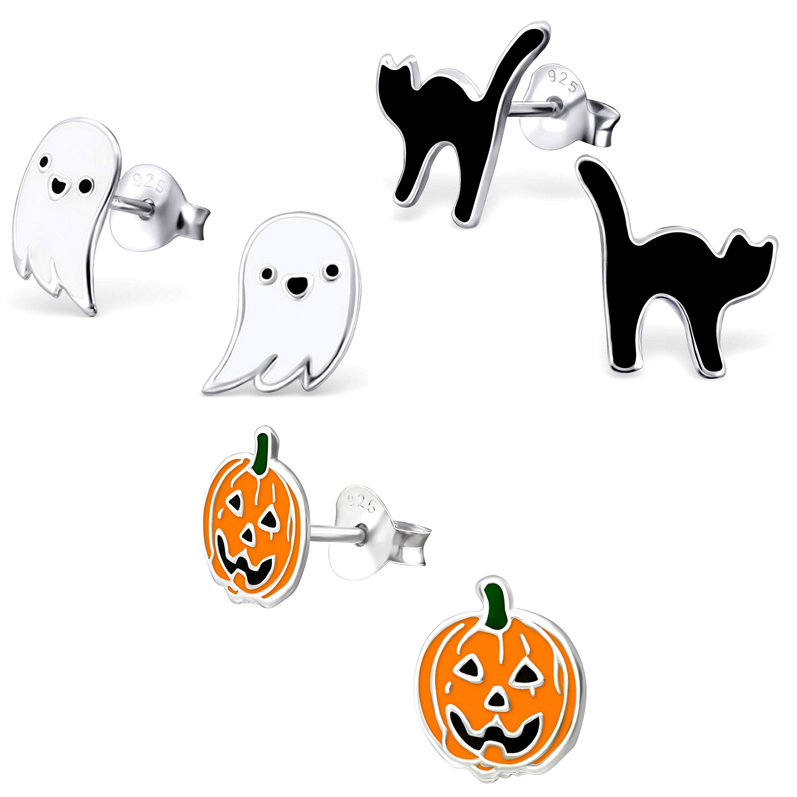 ICYROSE925 Sterling Silver NEW Set of 4 Pairs Halloween Mummy w/Crystal Eye Ghost Black Cat and Jack Pumpkin Stud Earrings (Nickel Free), Sterling Silver