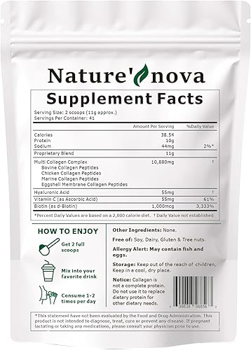 Miniatura 6 de Nature's Nova Polvo de péptidos de colágeno múltiple - Tipo I, II, III, V, X con biotina, ácido hialurónico, vitamina C - Sin sabor, fácilmente