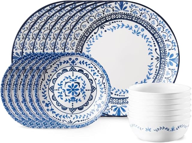 Corelle Portofino Round Dinnerware Set for 6 | Service for 6, 18 Piece Set | Easy-to-Clean Plates and Bowls | Proudly Made in The USA | Triple Layer Strong Glass is Resistant to Chips and Cracks