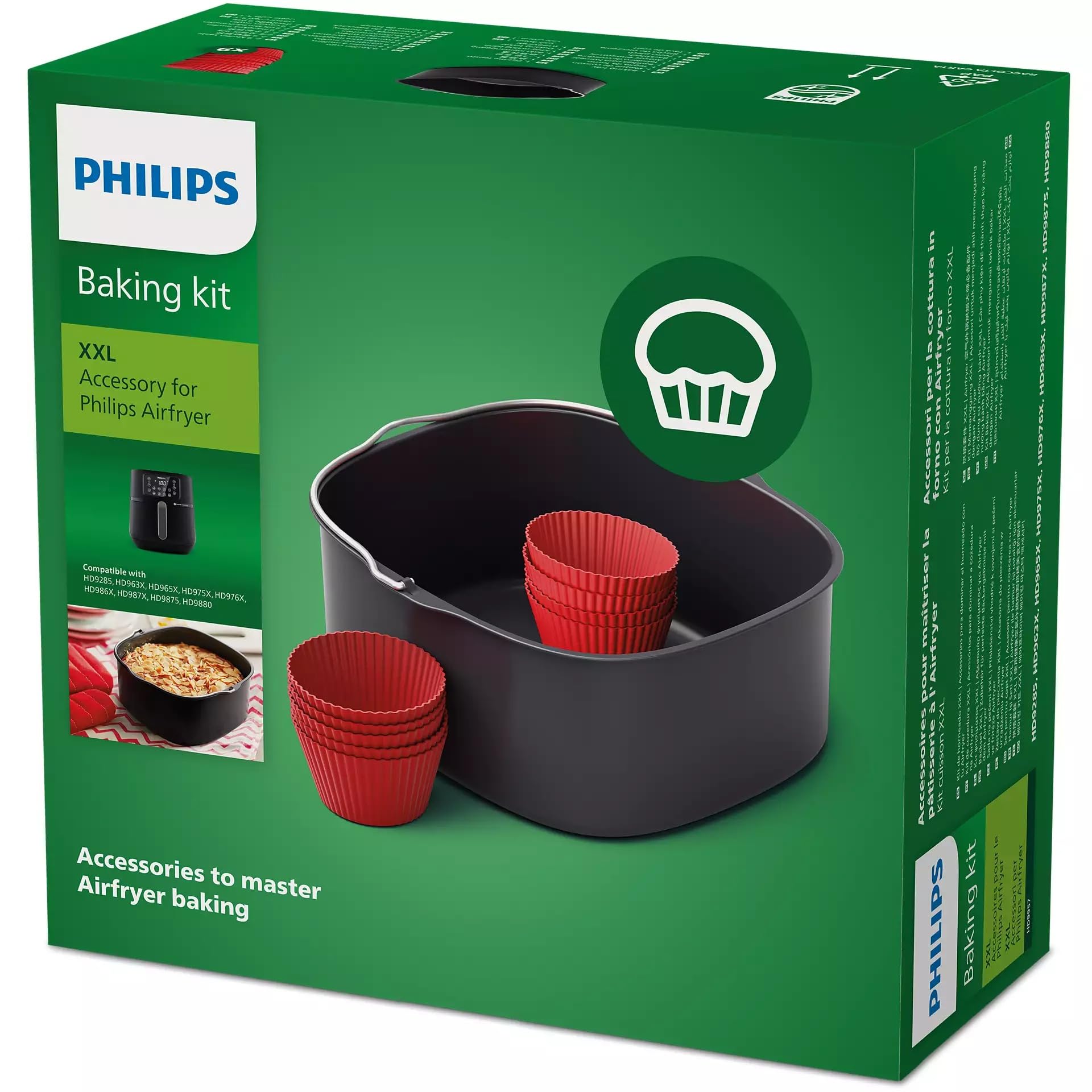 Philips Airfryer Baking Kit XXL, accessorio kit da forno, recipiente con rivestimento antiaderente, con 9 pirottini in silicone, lavabile in lavastoviglie, app per ricette, nero (HD9957/00)