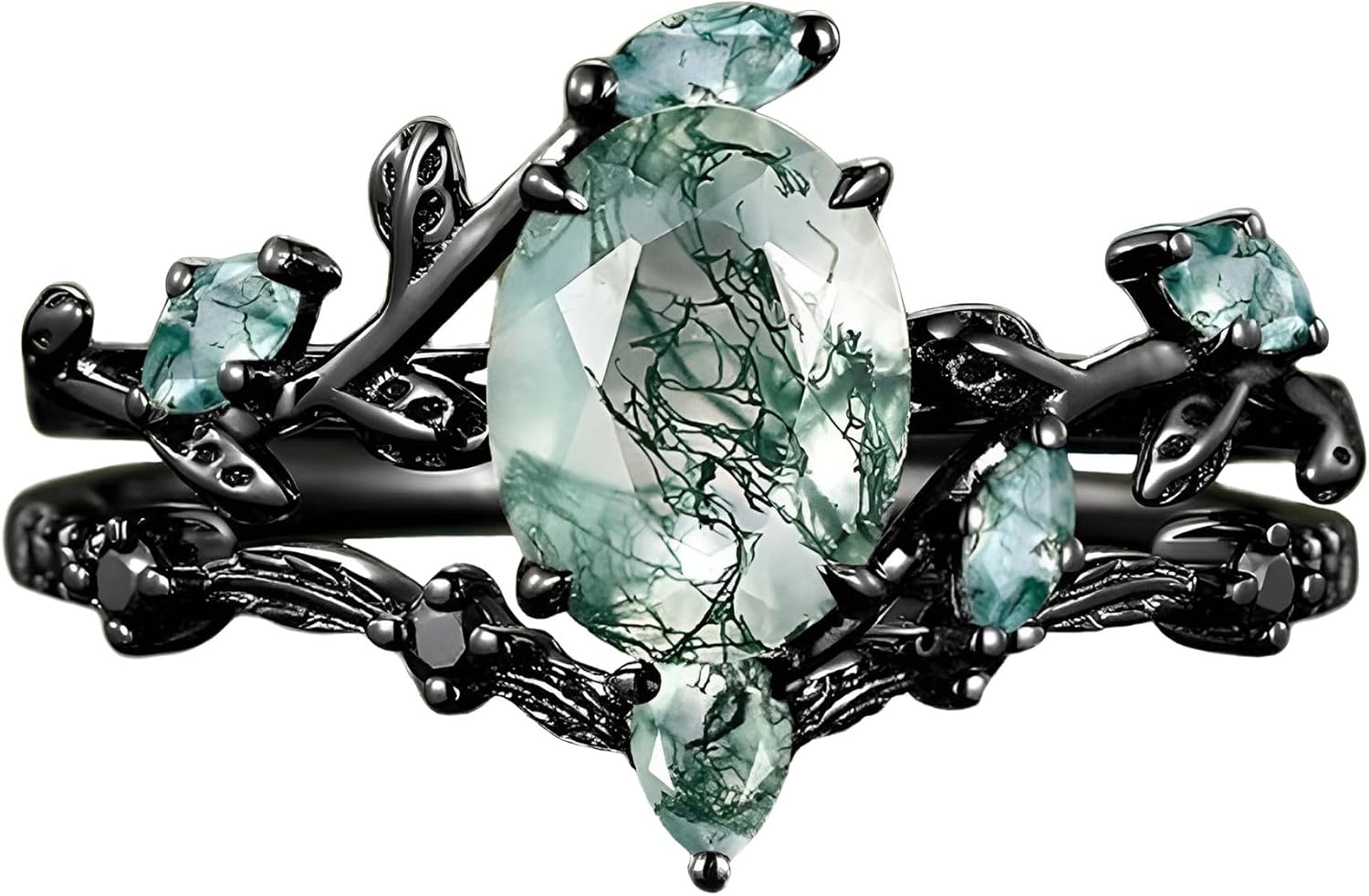 High-grade Nature Moss Agate Engagement Ring Sets for Women Art Deco Cluster Moss Agate Bridal Ring S925 Silver 10K 14K 18K Gold Vintage Inspired Promise Wedding Band