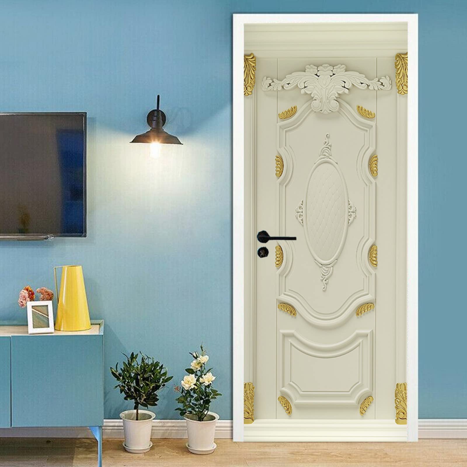 A.Monamour Adesivo Porta Autoadesiva Classica Porta In Legno Bianco Con Rilievi Dorati Vinile PVC Adesivi per Porte Interne 3D Pellicola Adesiva Poster Sticker Murale Parete Carta da Parati
