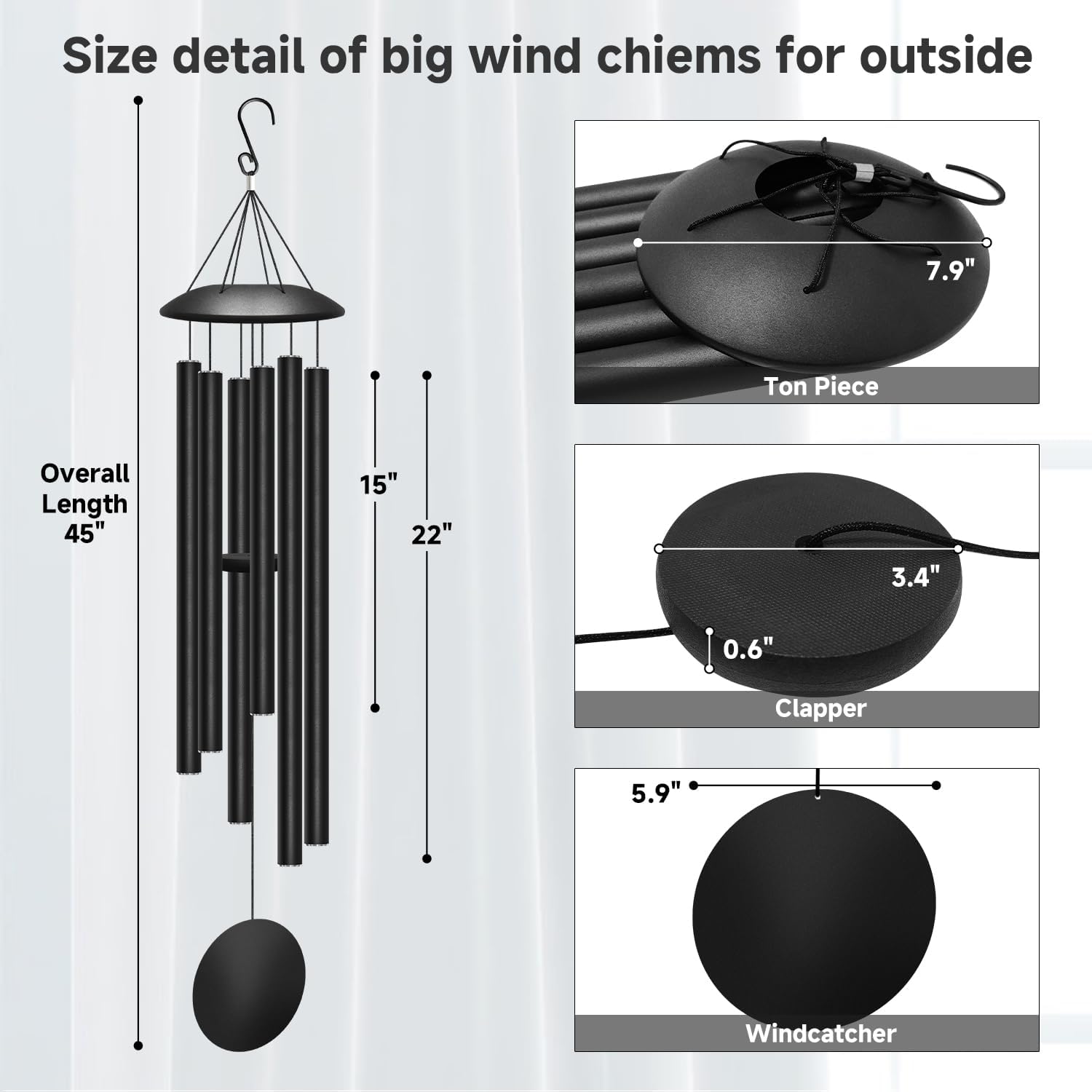 45" Large Wind Chimes for Outside, 6 Thick and Bold Aluminum Tubes Tuned Relaxing Melody Wind Chime Deep Tone, Big Wind Chimes for Garden Patio Decor, Great Gift Idea for Mother's Day (Black)