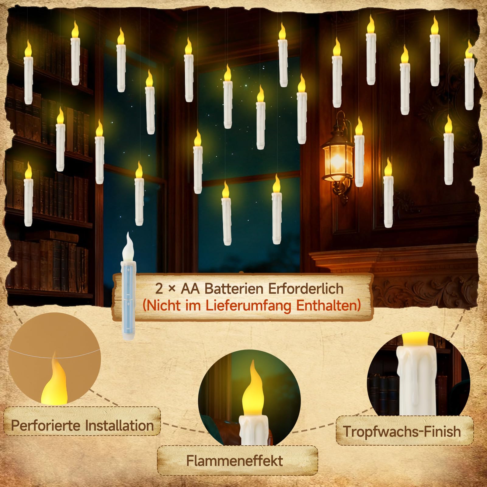 Schwebende Kerzen 24 Stück, Fliegende LED Kerzen mit Zauberstab Fernbedienung, Floating Candles, Warmes Licht Flackernde Hängende Kerzen für Weihnachten Halloween Party Campen Outdoor Deko