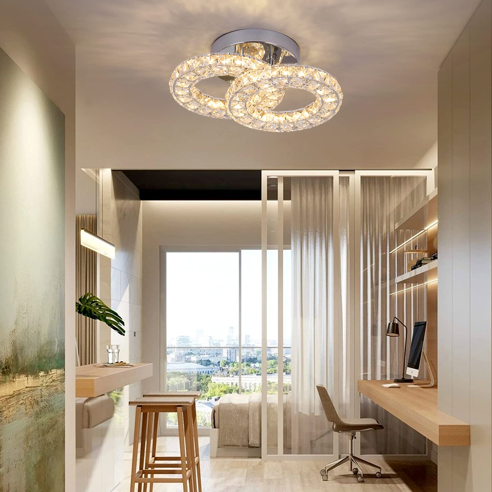 GreeLustr Runde Kristall Kronleuchter LED Moderne Kristall Deckenleuchte, Austauschbare Pendelleuchte K9 Crystal Einbauleuchte Edelstahl Deckenlampe für Schlafzimmer Flurlampe Eingang Wohnzimmer