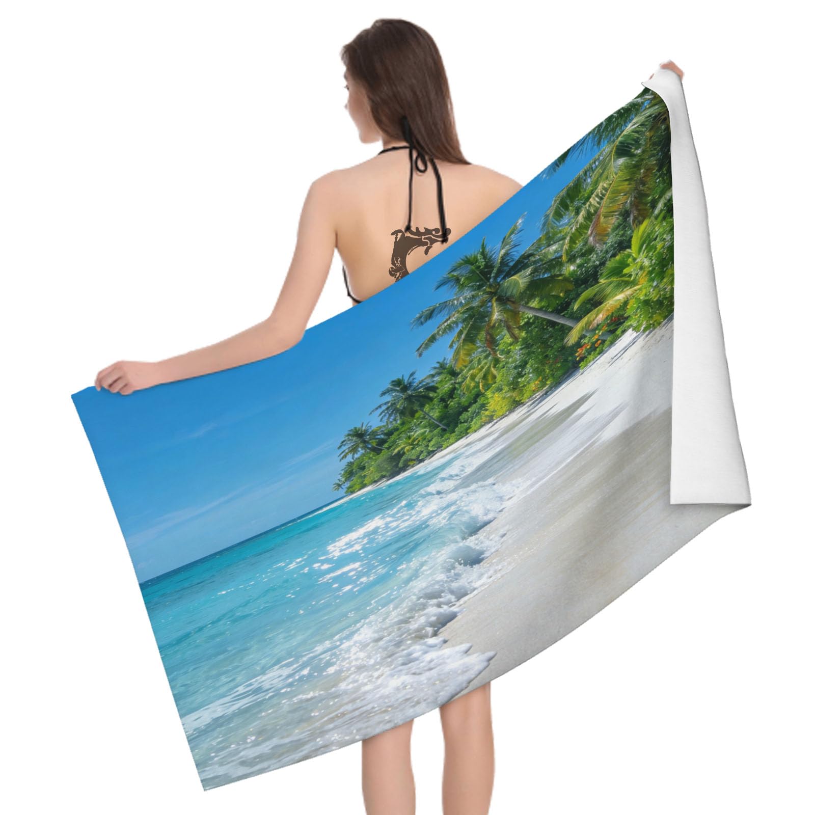 Leichong 3D Tropical Beach Beach Towel Microfiber Soft Quick Dry for Adults, White Beach Bath Towel Lightweight Soft Absorbent for Travel Swimming Pool Sports, 75 x 150 cm