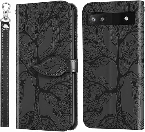 MEUPZZK Funda para Google Pixel 6A, funda tipo cartera para Pixel 6A 5G, piel sintética de alta calidad con diseño de árbol en relieve atril ranuras