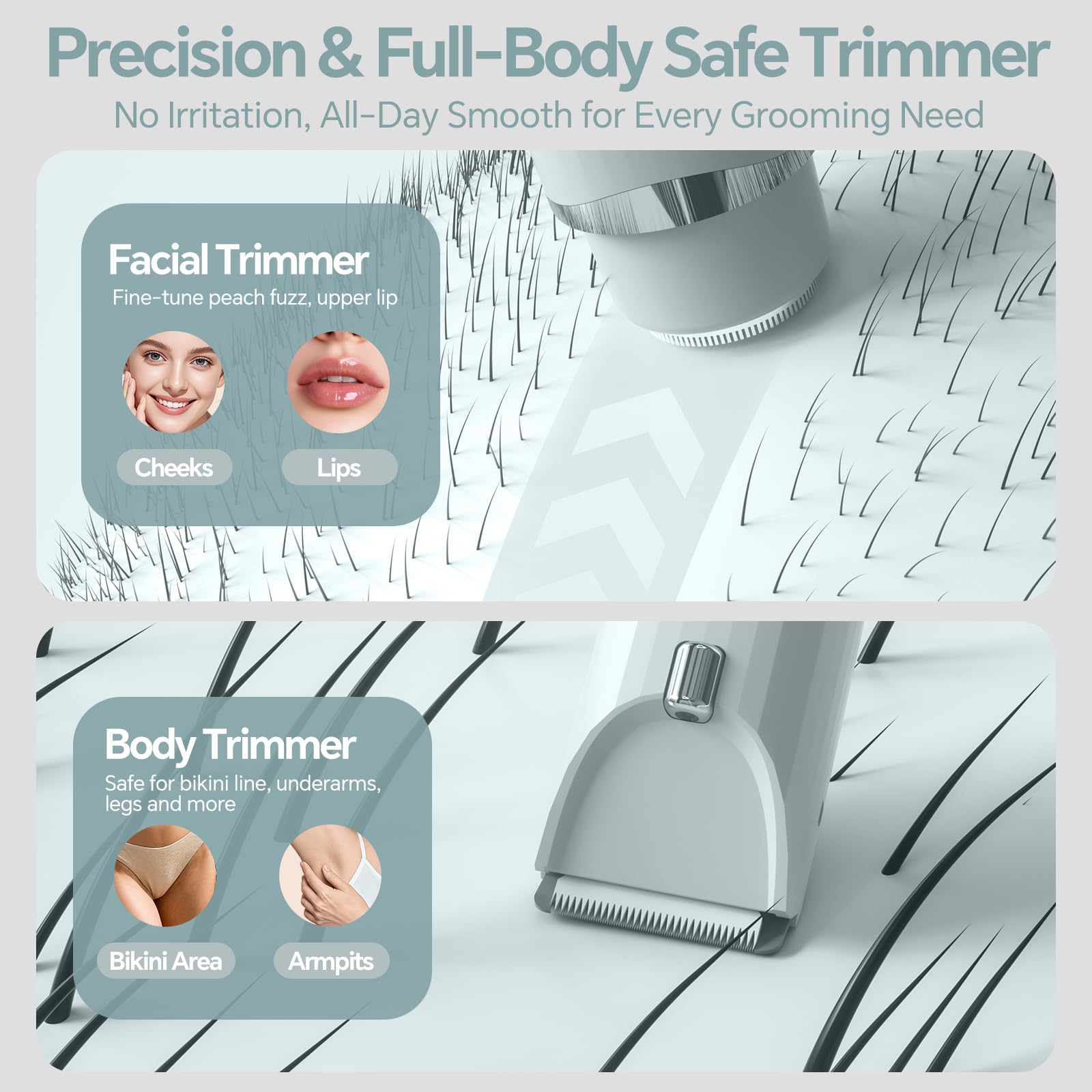 Heapsion Rasoir électrique 2 en 1 à double tête pour femme - Rasoirs électriques indolores pour peau de soie, rasoir sans fil avec lame en céramique pour aisselles, jambes, bras, visage, cadeau idéal