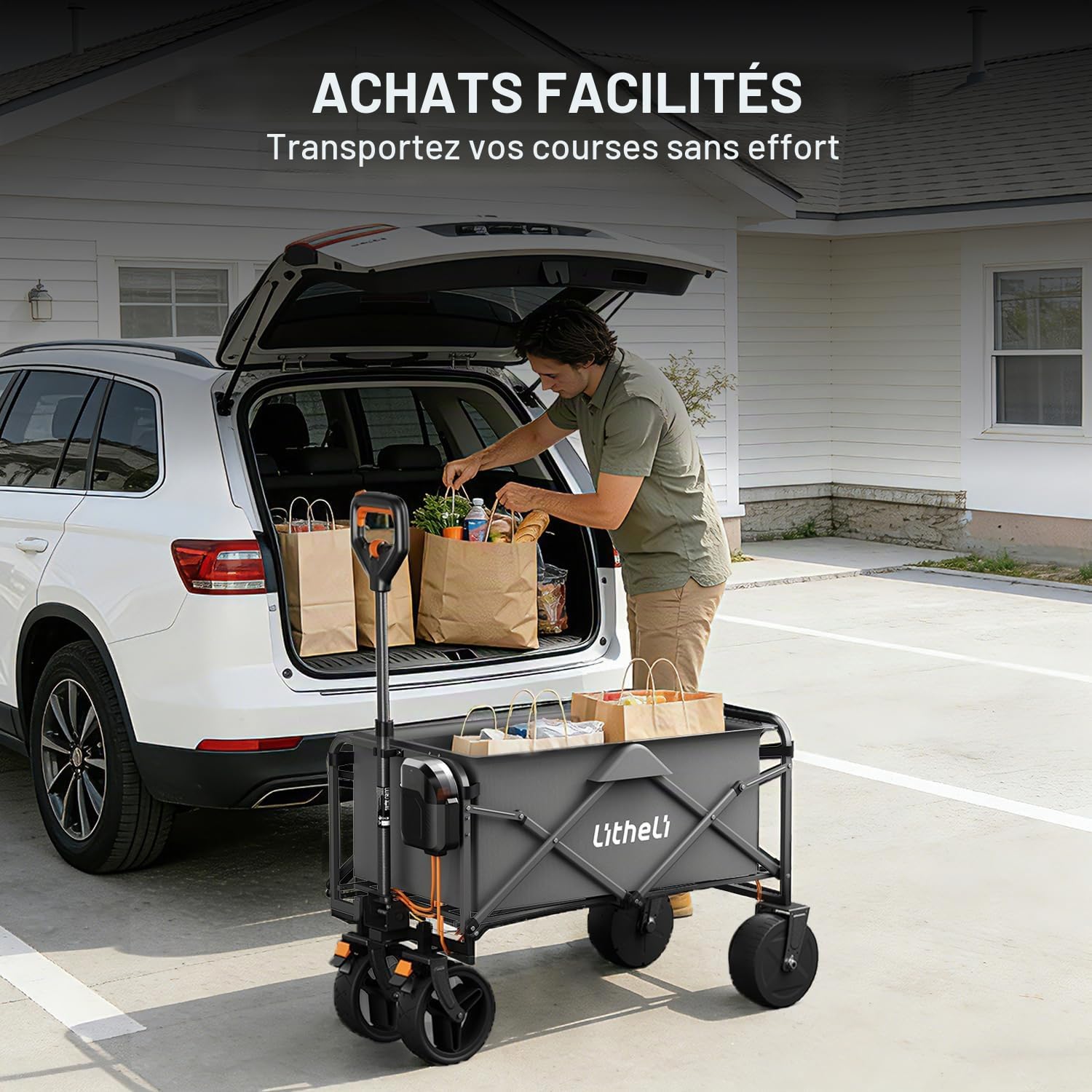Litheli Chariot électrique Pliable avec Moteur et Freins, 100 l, 50 kg, Convient pour Le Camping, Le Jardin, la Plage, Le Shopping (Noir, W1 Go avec 1 Batterie)