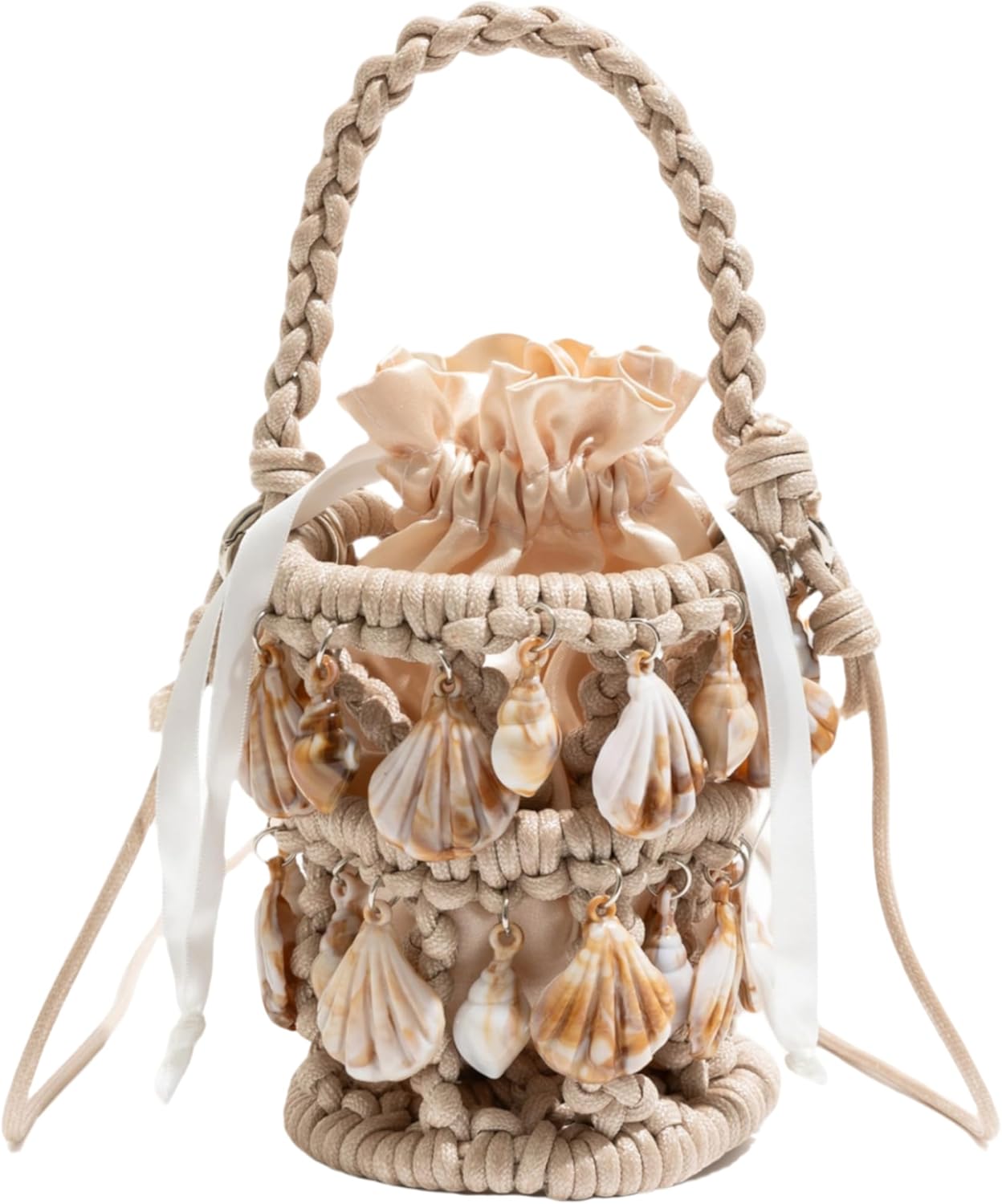 UMREN Women Seashell Straw Bucket Bag Handwoven Straw Clutch Purse Summer Beach Bag Shell Shoulder Bag for Party Vacation