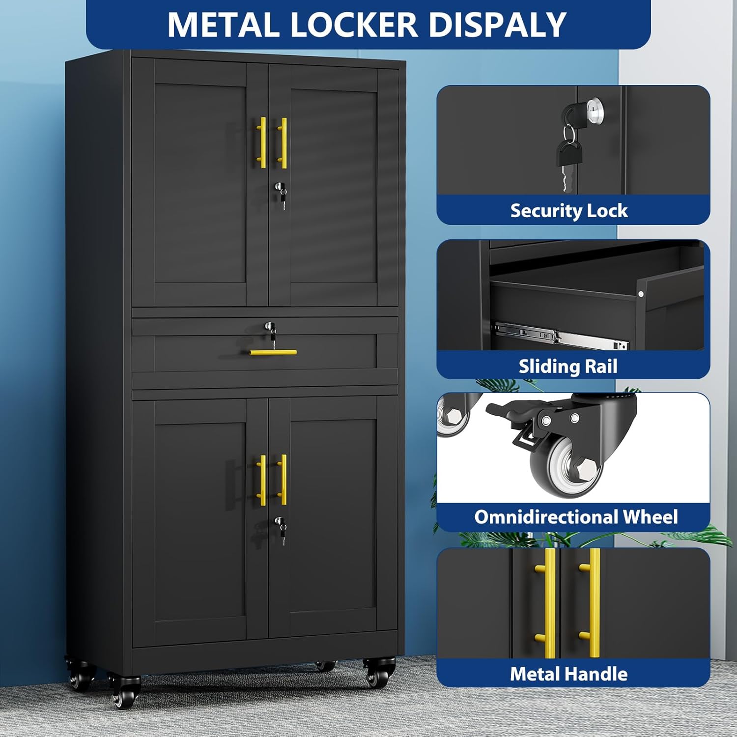 Metal Garage Storage Cabinets with Locking Doors and Adjustable Shelves, Tool Cabinets on Wheels, 75" H Heavy Duty Storage Organizers with Drawer for Garage Warehouse (Black)