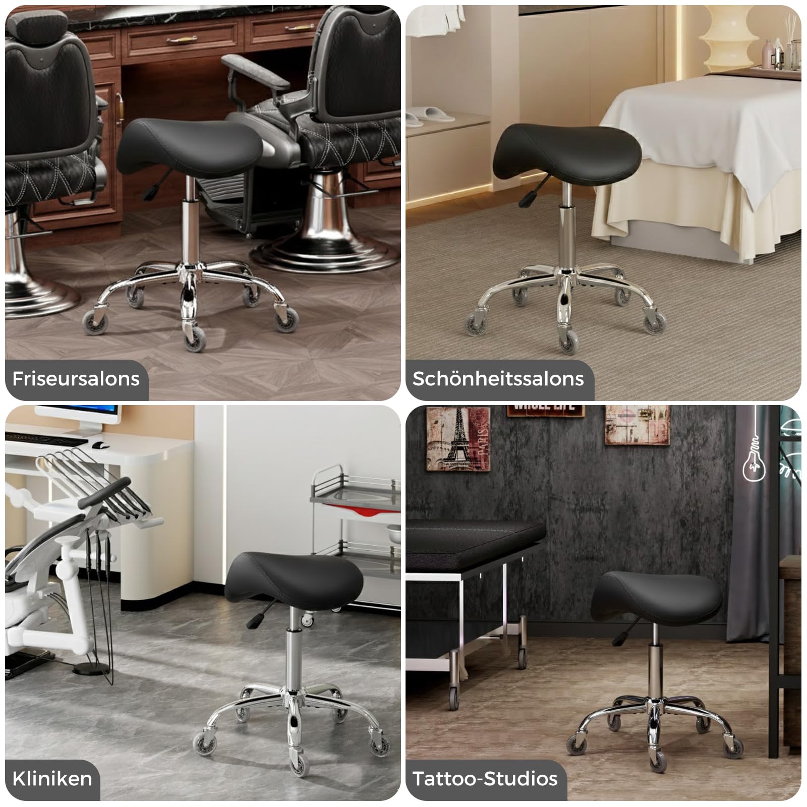 BEWISHOME Sattelhocker Höhenverstellbar, Sattelhocker mit Rollen, 360° Drehhocker Rollhocker, Ergonomischer Hocker, Tragfähigkeit 200 kg für Schönheitssalons, Spas Salon und Kliniken (Schwarz)