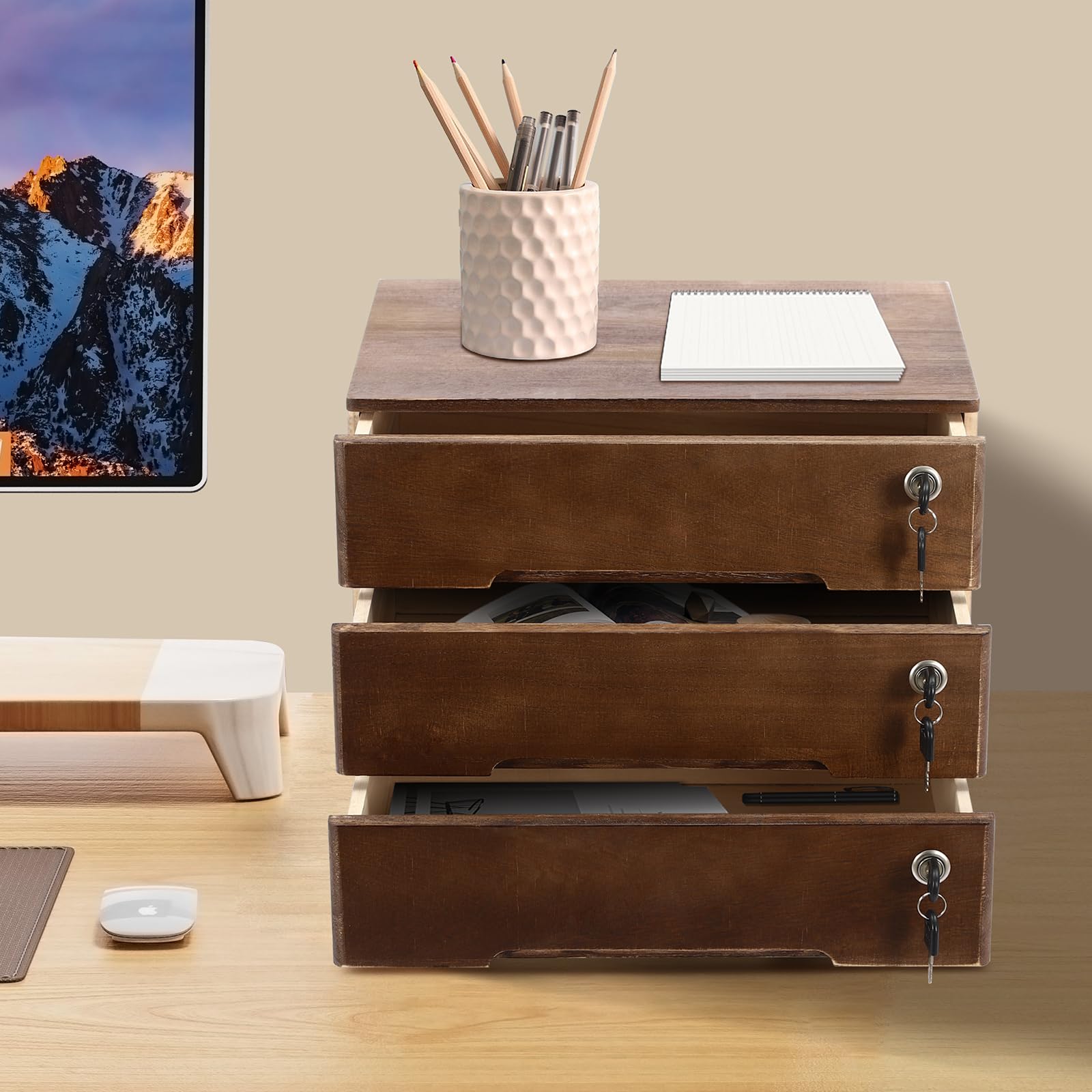 Wooden Desktop Storage Box with Lockable Drawers, 3 Tiers Office Supplies File Organizer, Flat File Cabinet Desk Storage Box for Dresser Tabletop