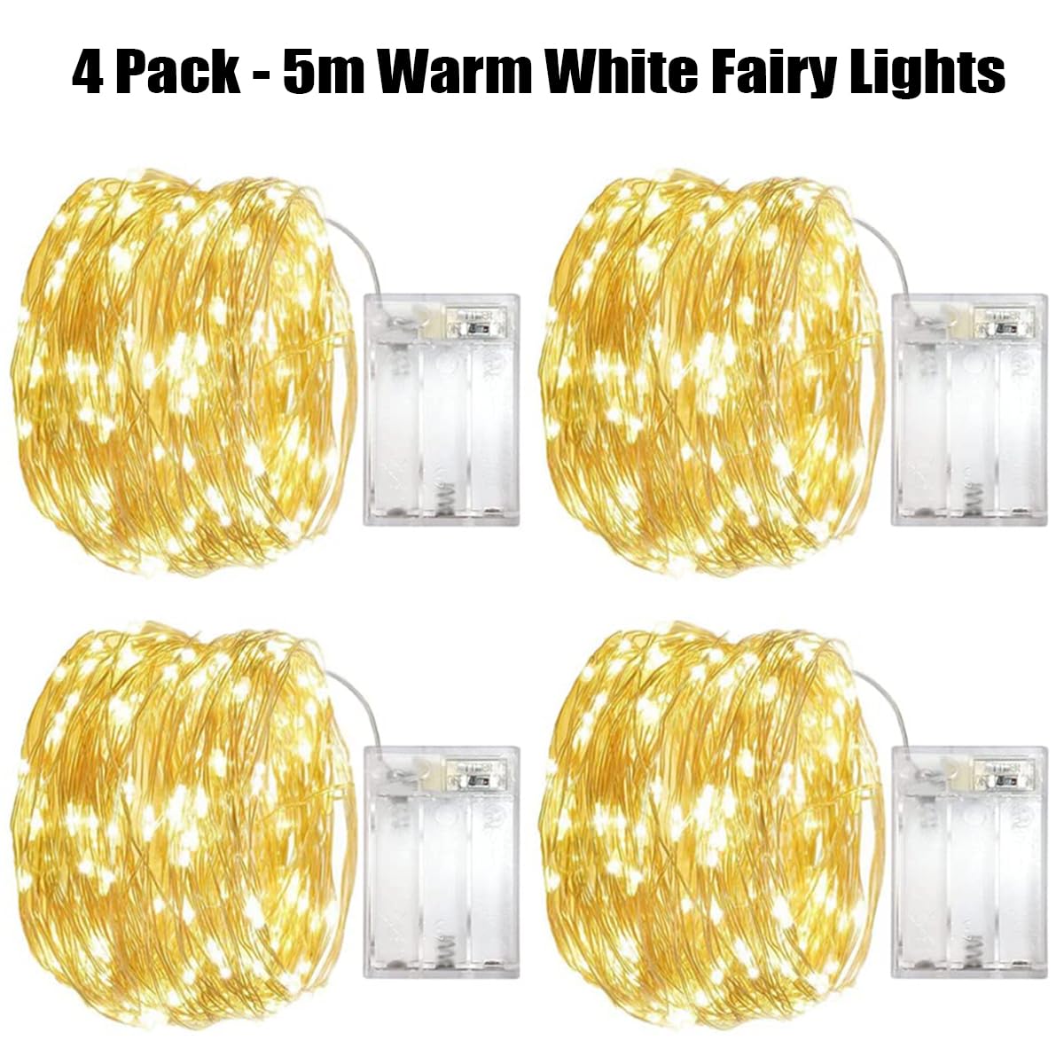 Luces LED Pilas, 5m 50 LED Cadena de Luces con Pilas Mini LÁMpara Alambre de Cobre Intermitente Guirnalda Cadena Luces para Casa Dormitorio Navidad Fiestas Boda Decoración (4Pcs Blanco Cálido)