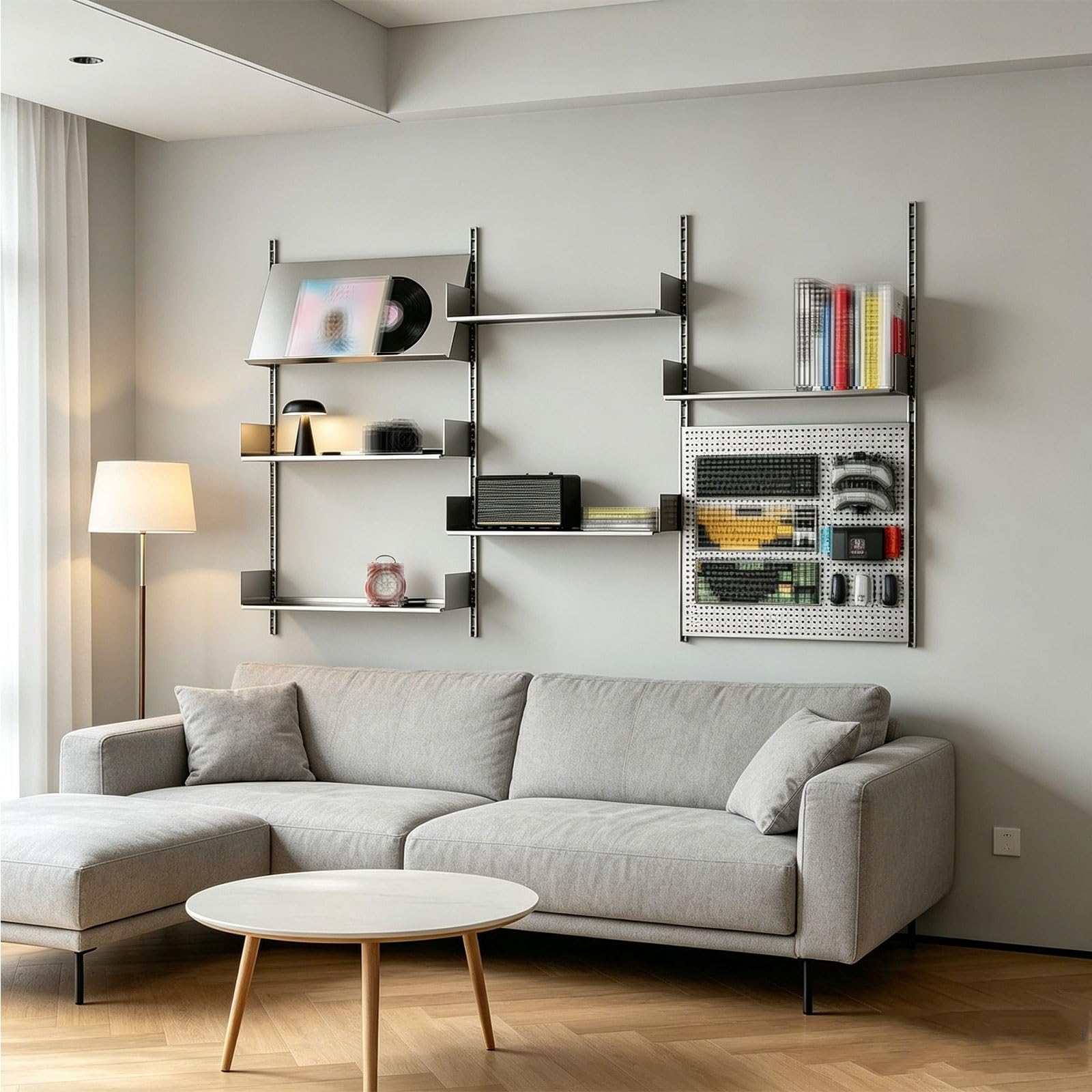 Lochwand Schlafzimmer Metall Edelstahl Pegboard Wandorganizer Höhenverstellbare Regalböden Modulares Wandregal Garage Tragkraft 50Kg für Raumaufbewahrung Organisation und Dekoration