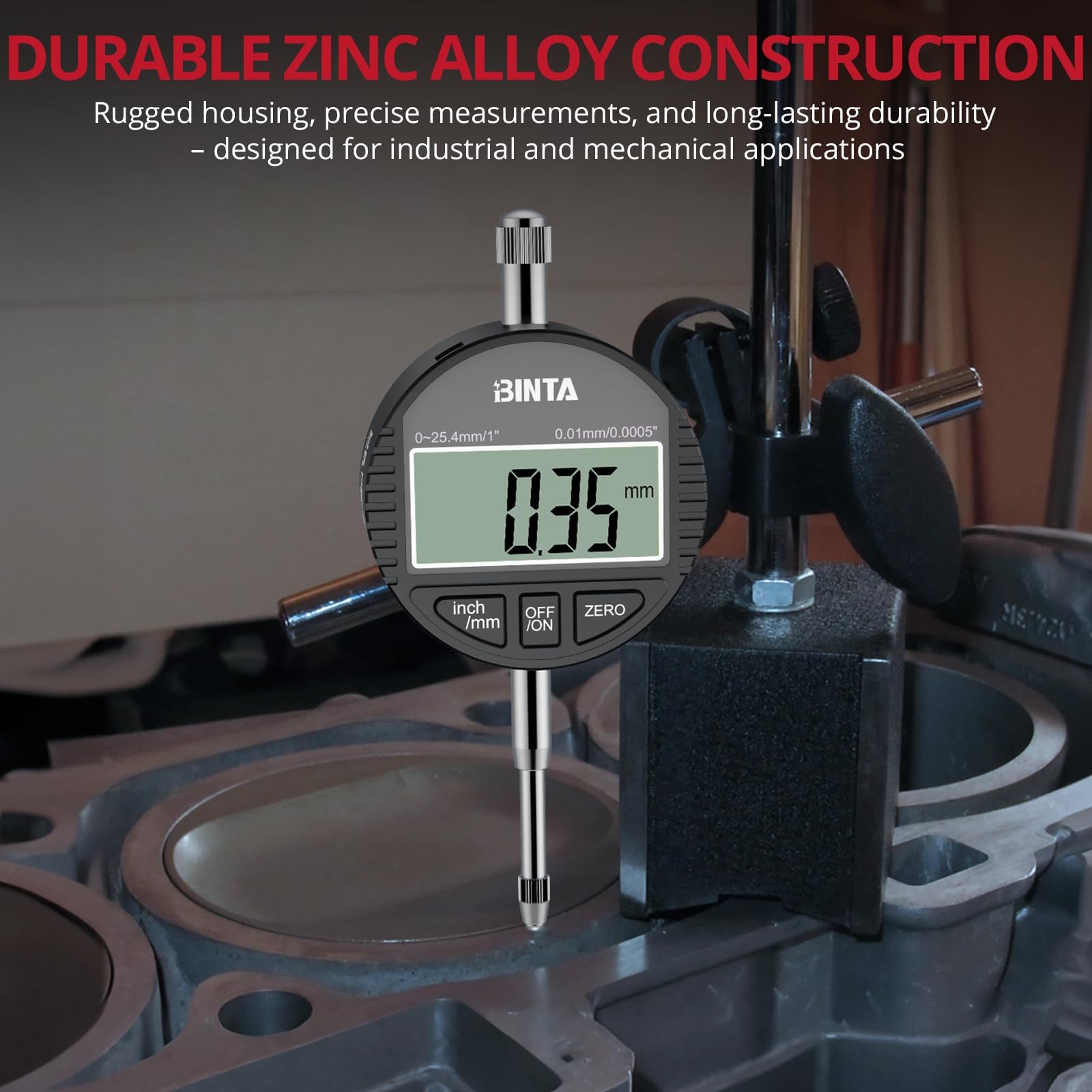 BINTA Indicateur Numérique à Cadran 1 Pouce/0,0005 Pouce, DTI Comparateur 0.01/0.0005'' Écran LCD Alliage de Zinc avec Couvercle Arrière pour Applications Industrielles, Mécaniques, 3D et