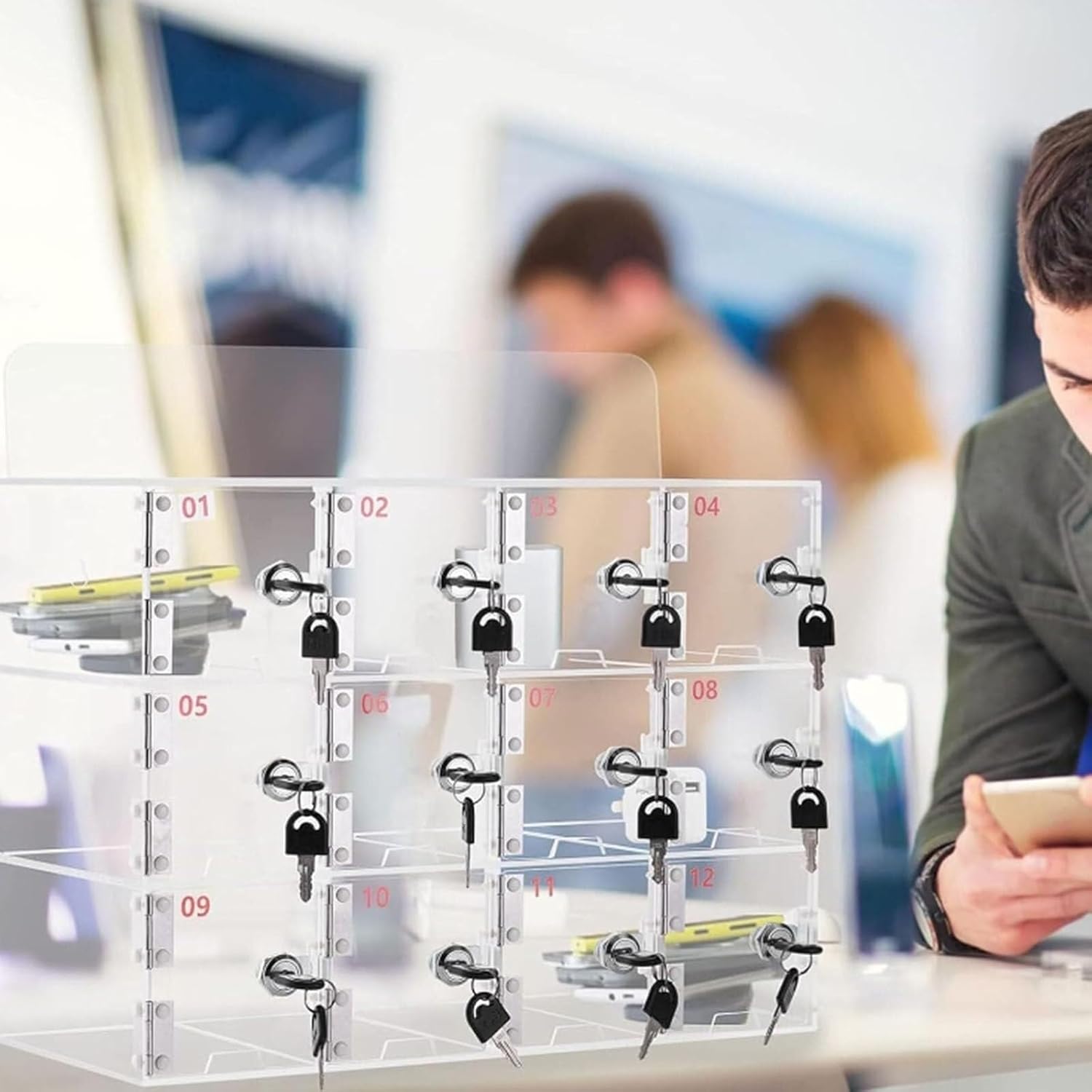 Wall-Mounted Cell Phone Locker Box with Door Locks & Keys - 12-Slot Acrylic Storage Cabinet for School, Office, and Factory Use - Secure Phone Holder