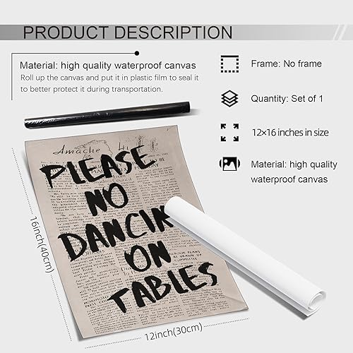 Miniatura 2 de ZERFVTG Arte de pared de periódico retro, divertido póster en blanco y negro con texto en inglés "Please No Dancing on Tables", impresiones en