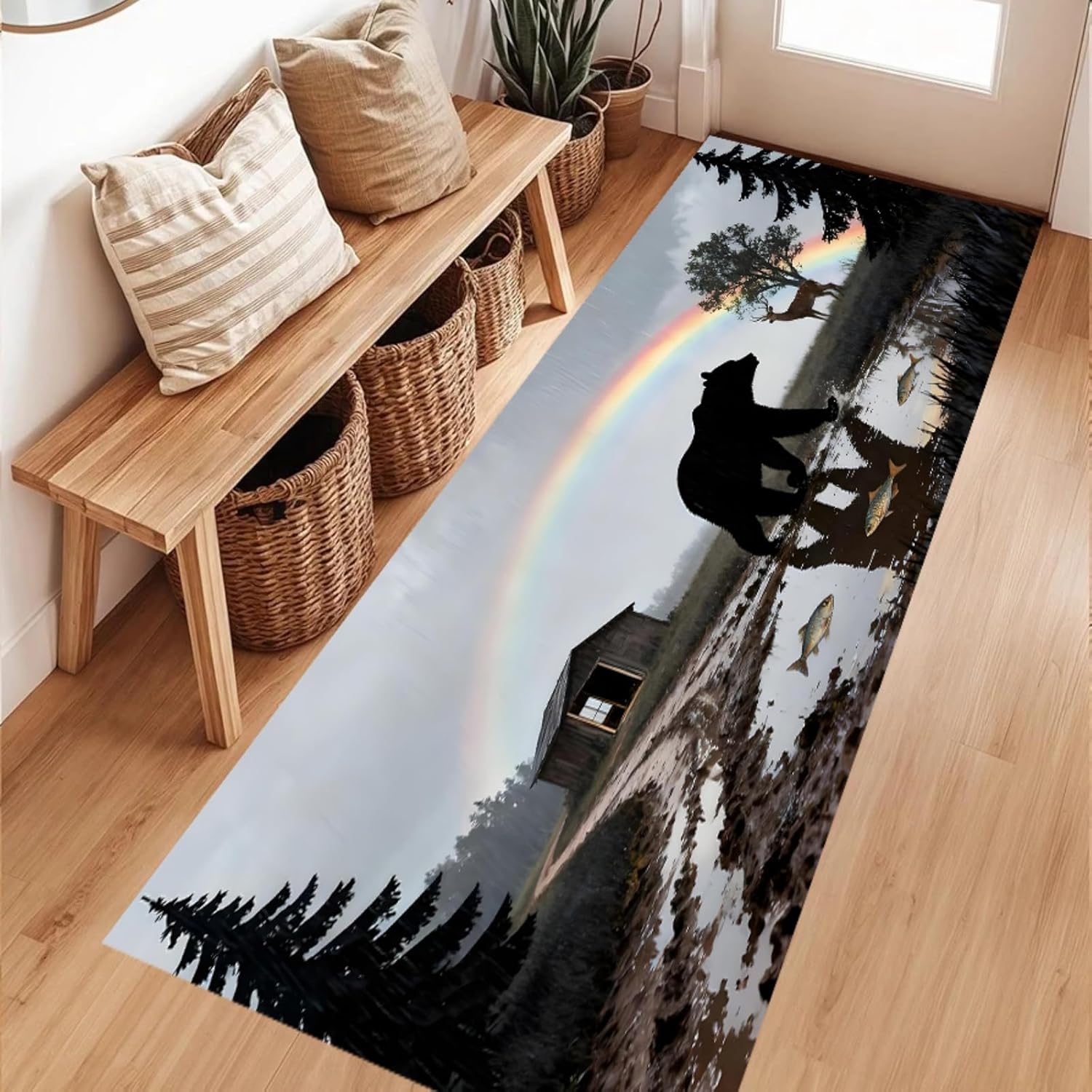 Native American Runner Rug,2.6x10ft,Rustic Decor Bear Print Entrance Rug, Fade Resistant Non-Shedding Non-Slip Carpets, Foldable Machine Washable Absorbent Floor Mat for Front Porch-Bb15