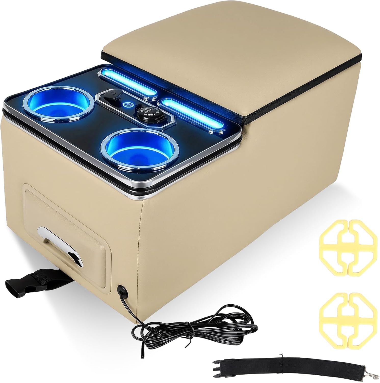 Upgraded Center Console with Lock, Truck Bench Front Seats Center Console Organizer and Storage, Cup & Phone Holder for Minivan SUV Van, Fast Phone Charging & 7-Color Adjustable LED Lighting (Beige)