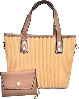 شنطة يد للنساء من الجلد الصناعي بتصميم عصري مقسمة إلى جزء واحد يحتوي على جيب للعملات المعدنية مع حزام جلد وسوستة، أصفر وبني، من قطعتين